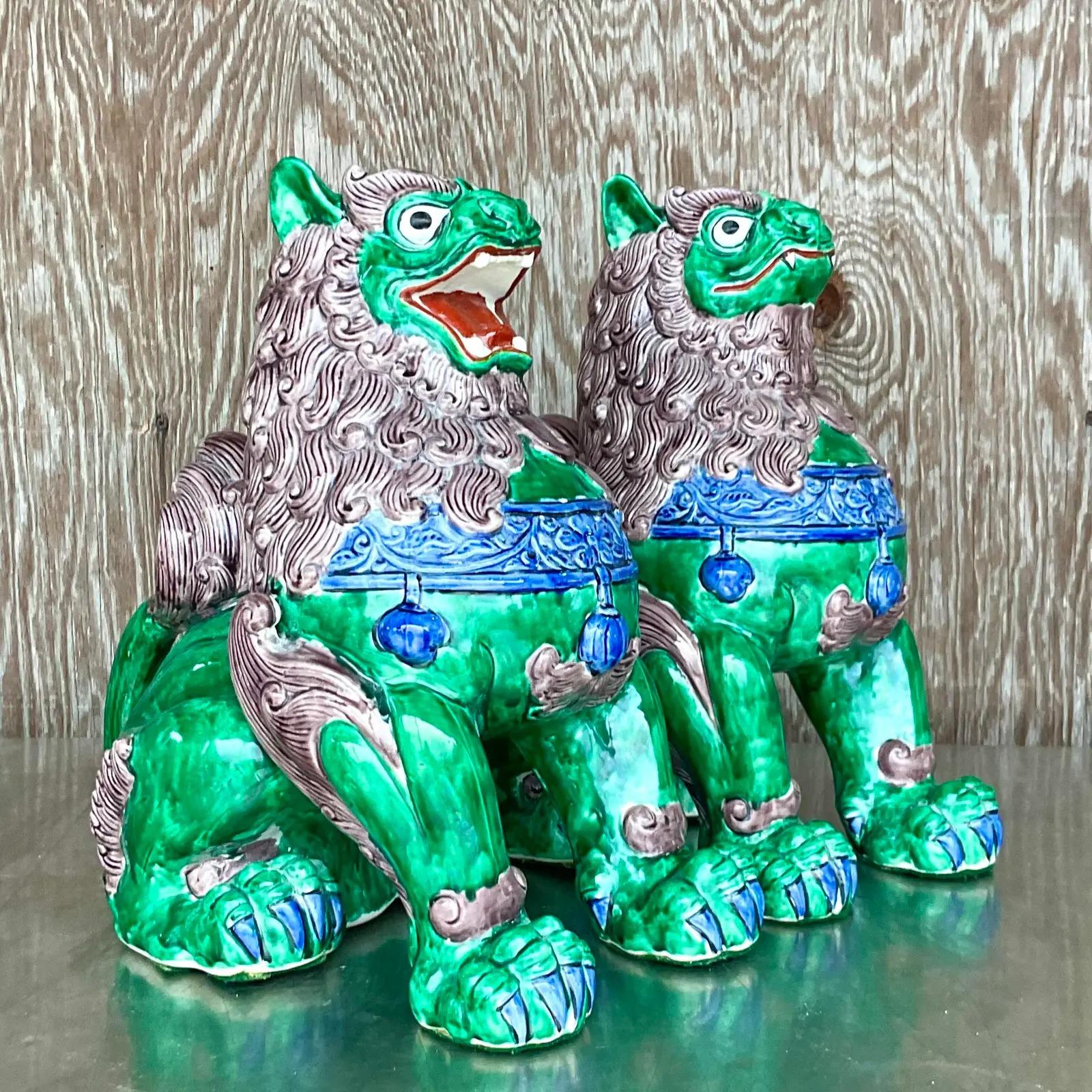 Vintage Asian Glazed Ceramic Foo Dogs - a Pair For Sale 2