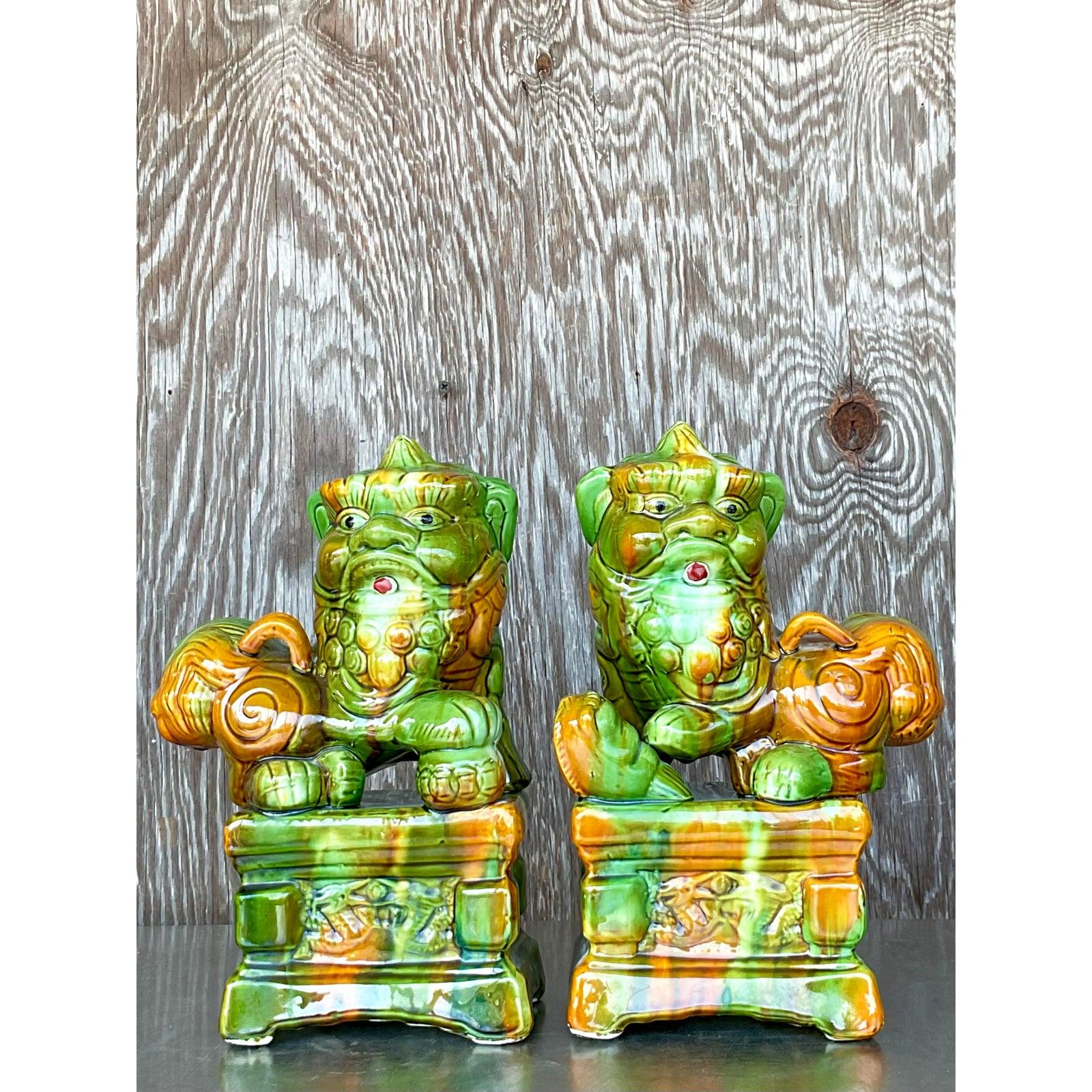 Vintage Asian Glazed Ceramic Foo Dogs - A Pair For Sale 2