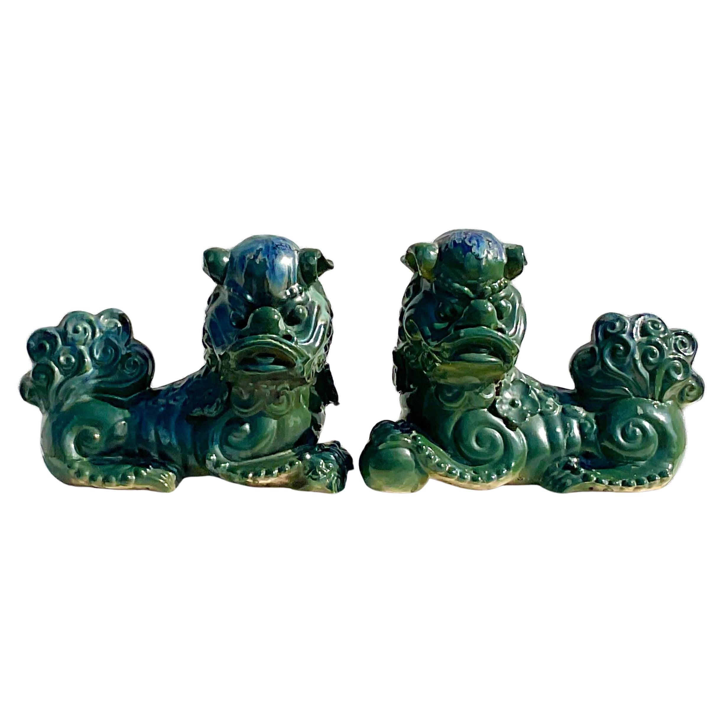 Vintage Asian Glazed Ceramic Foo Dogs - a Pair For Sale