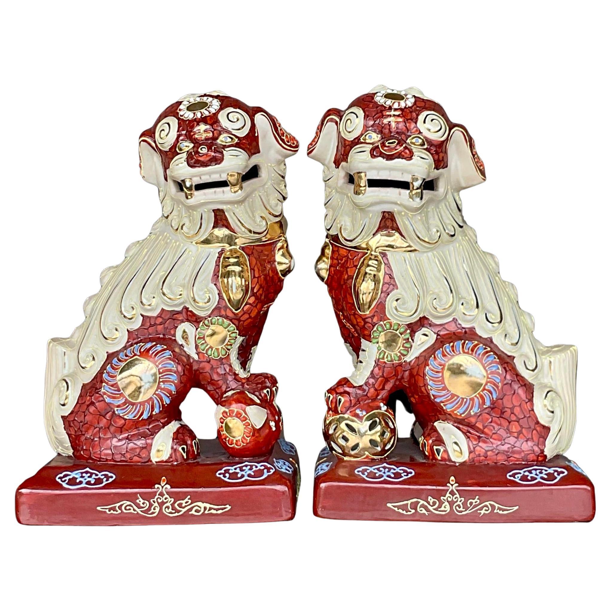 Vintage Asian Glazed Ceramic Foo Dogs Set of Two For Sale at 1stDibs