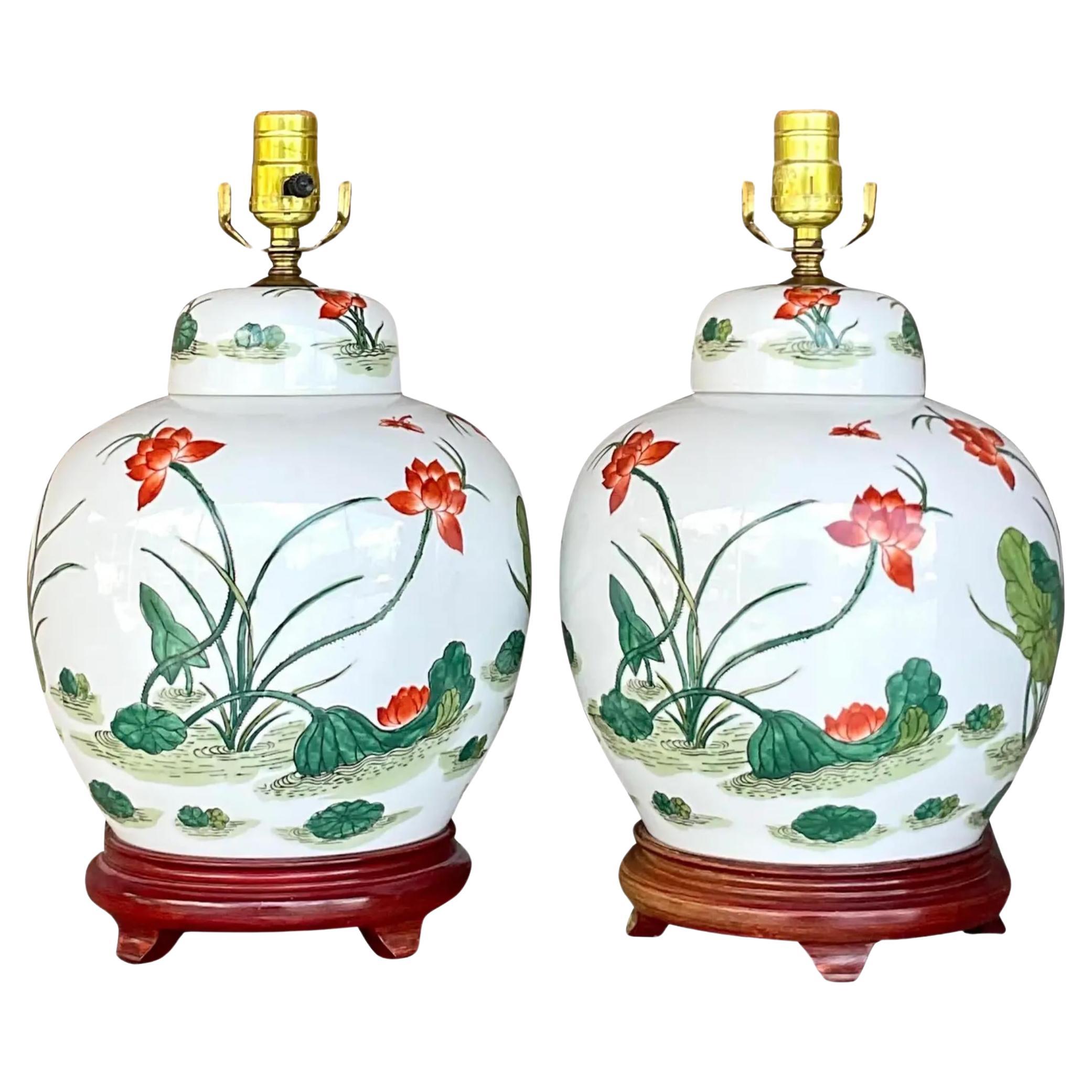 Asiatische glasierte Vintage-Keramik- Ingwerglas-Lampen aus Keramik – ein Paar im Angebot