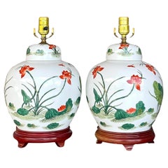 Retro Asian Glazed Ceramic Ginger Jar Lamps - a Pair