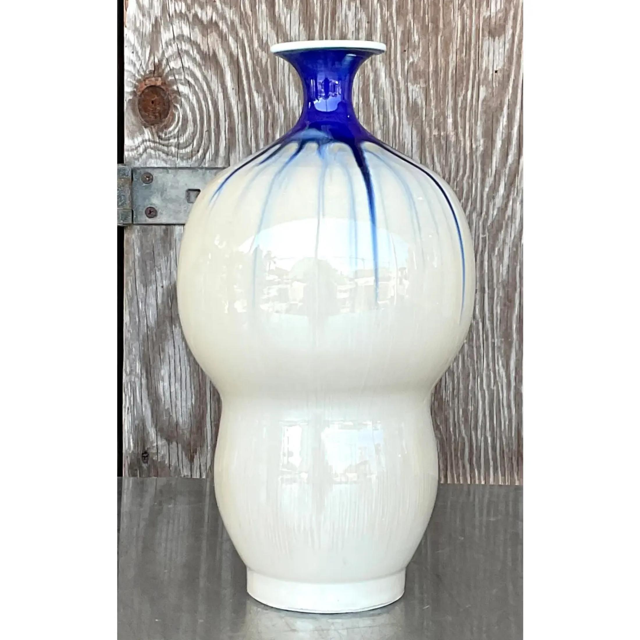 Chinese Chippendale Vintage Asian Glazed Ceramic Gourd Vase For Sale
