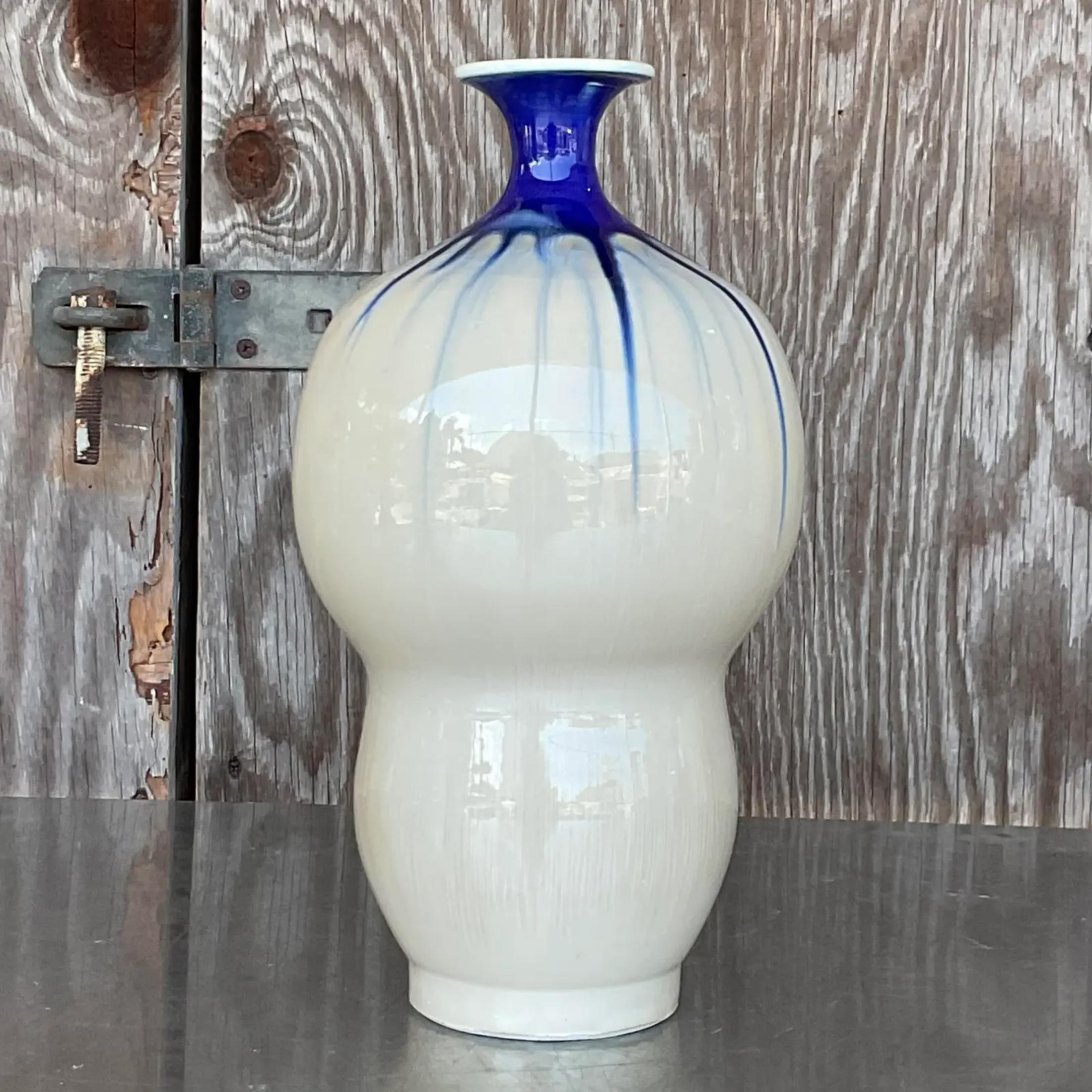 Vintage Asian Glazed Ceramic Gourd Vase In Good Condition For Sale In west palm beach, FL