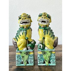 Vintage Asian Glazed Ceramic Guardian Lions - A Pair