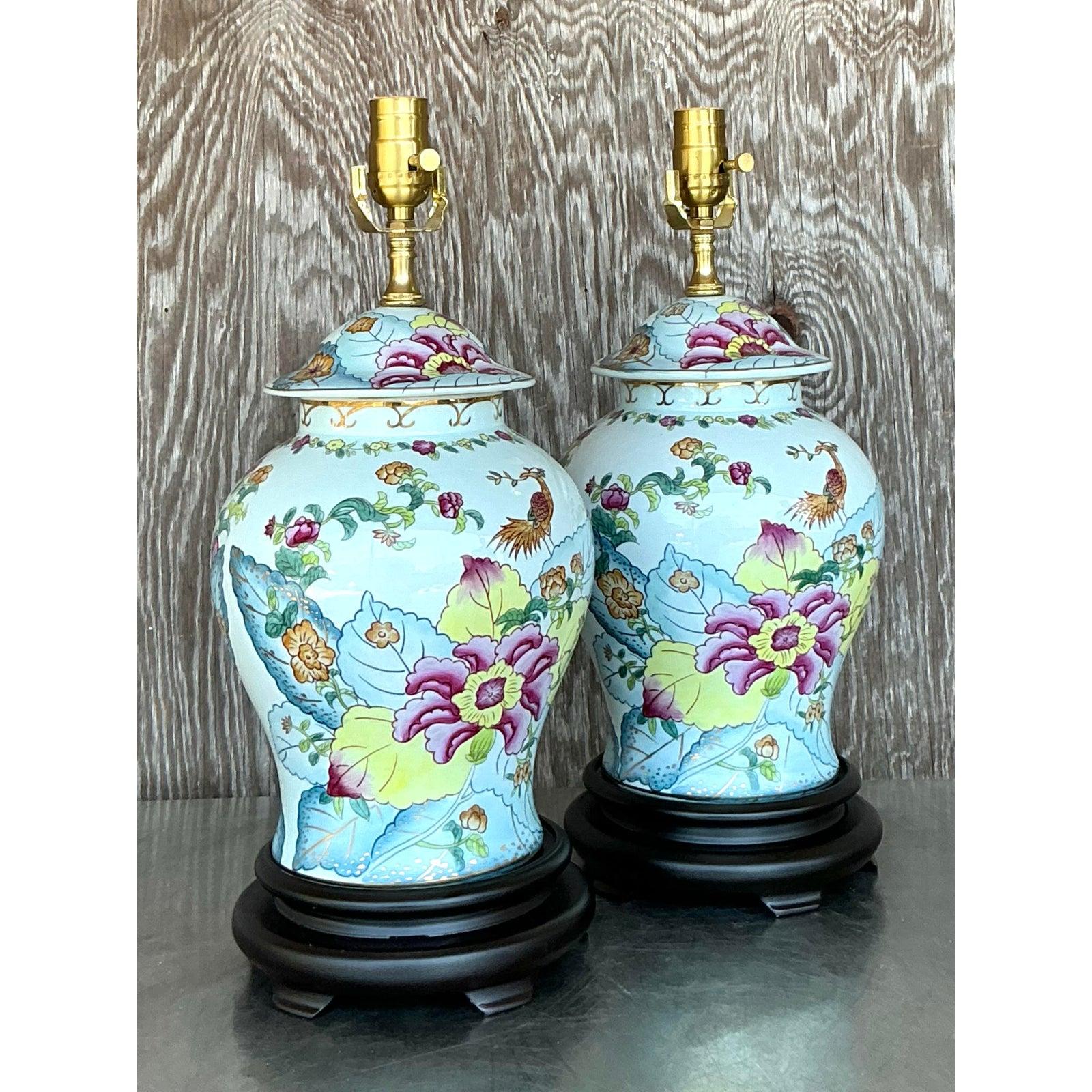 Chinoiserie Vintage Asian Glazed Ceramic Landscape Lamps - A Pair For Sale