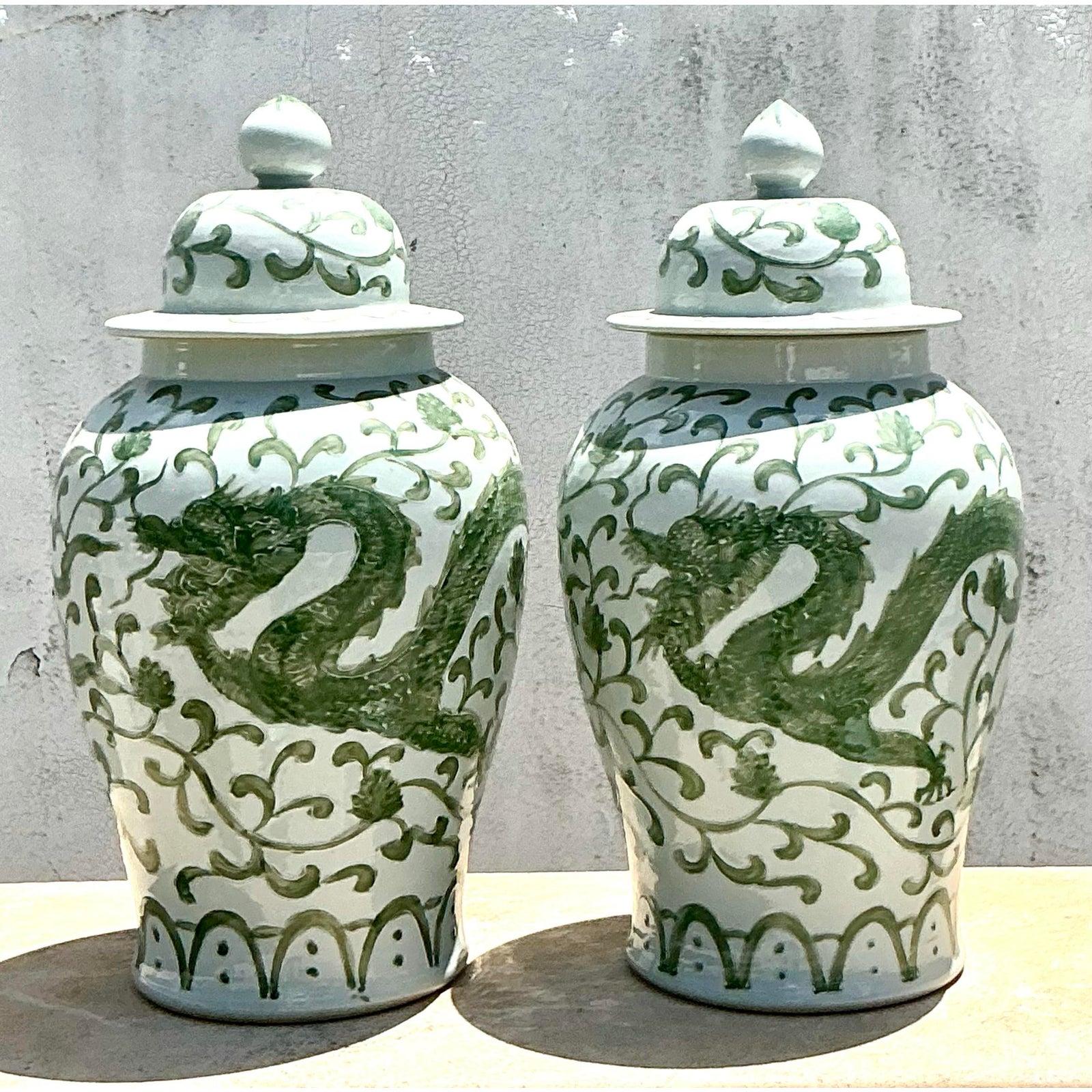 Paire d'urnes à couvercle en céramique vernissée d'origine asiatique en vente 3