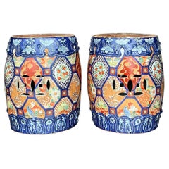 Vintage Asian Glazed Ceramic Low Stools - a Pair