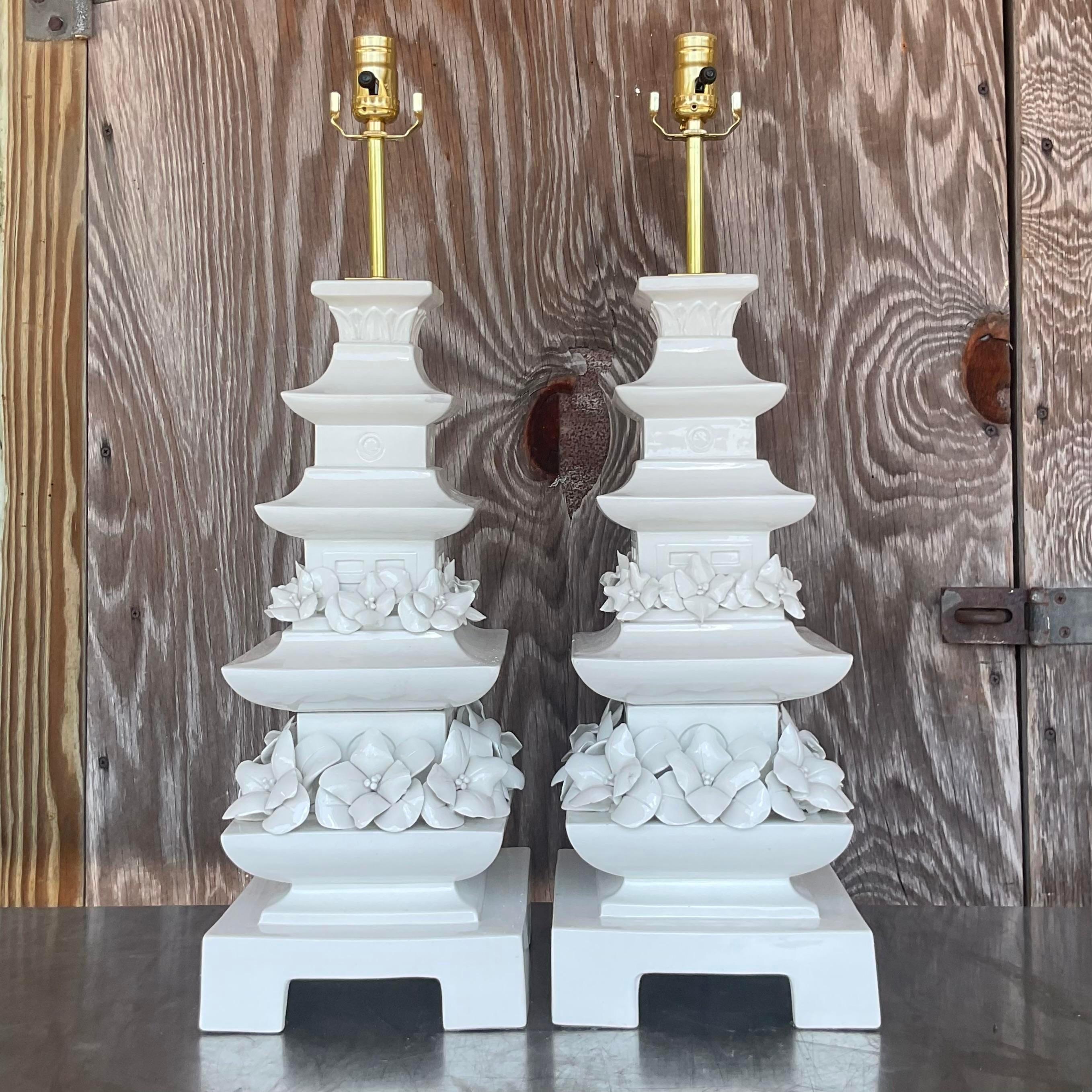 20th Century Vintage Asian Glazed Ceramic Pagoda Lamps - a Pair