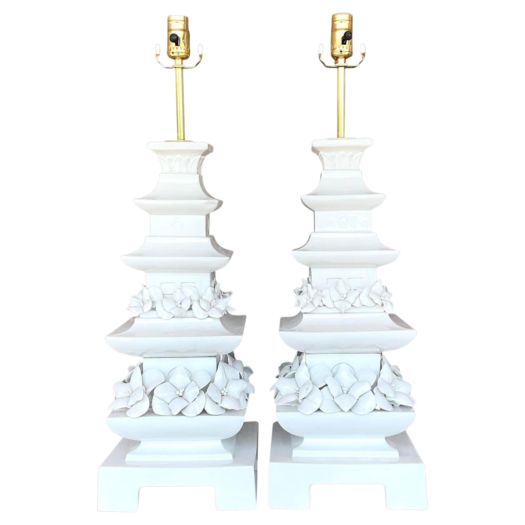 Vintage Asian Glazed Ceramic Pagoda Lamps - a Pair