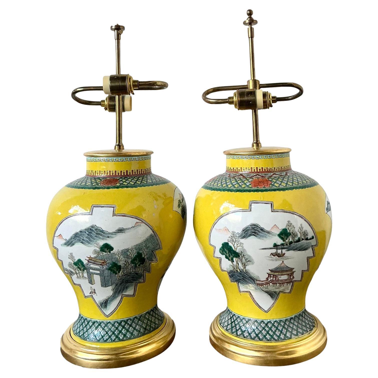 Vintage Asian Glazed Ceramic Pastoral Lamps - A Pair