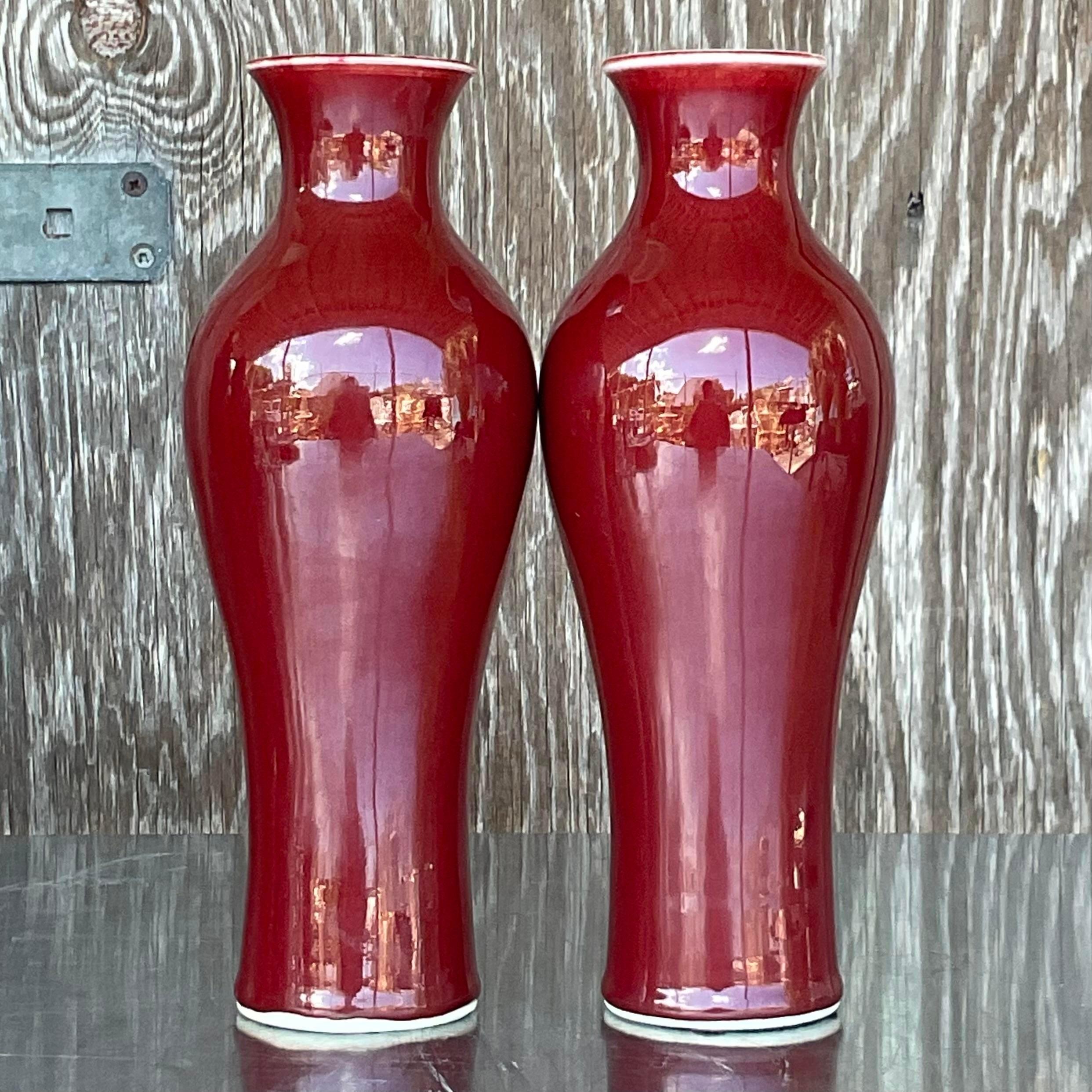 Vintage Asian Glazed Ceramic “Sang De Boeuf” Vases - a Pair In Good Condition For Sale In West Palm Beach, FL