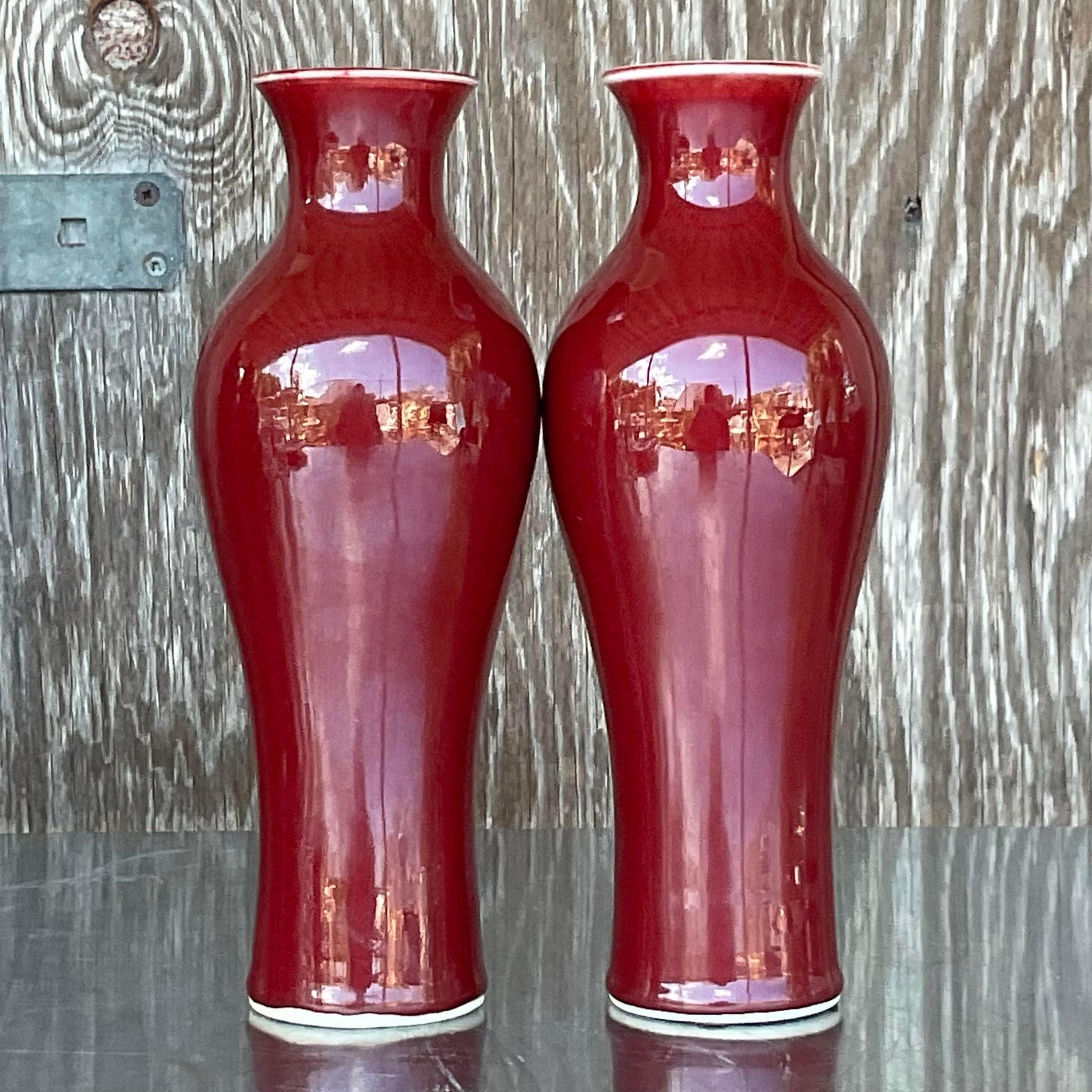 20th Century Vintage Asian Glazed Ceramic “Sang De Boeuf” Vases - a Pair For Sale