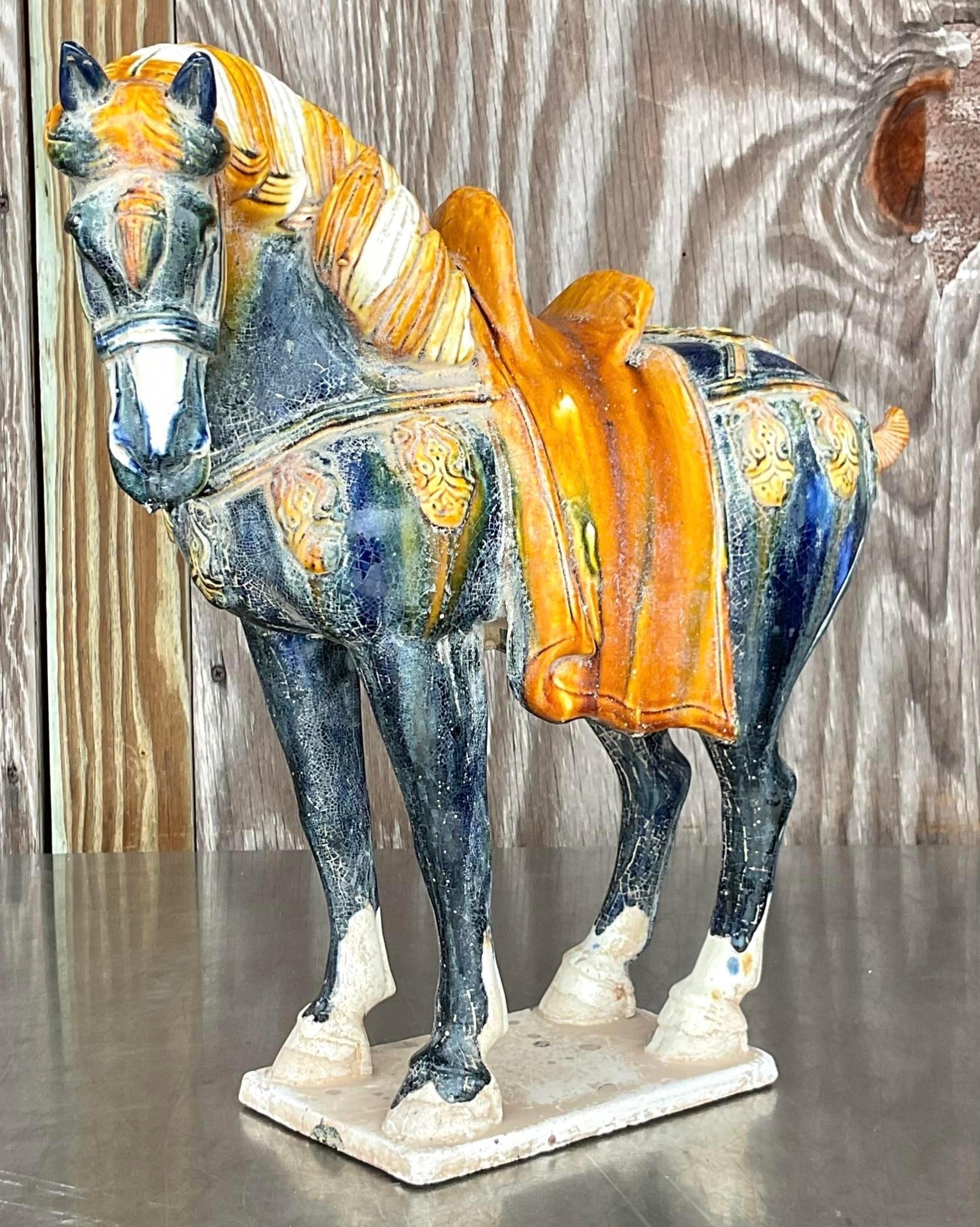 Chinese Vintage Asian Glazed Ceramic Tang Horse For Sale