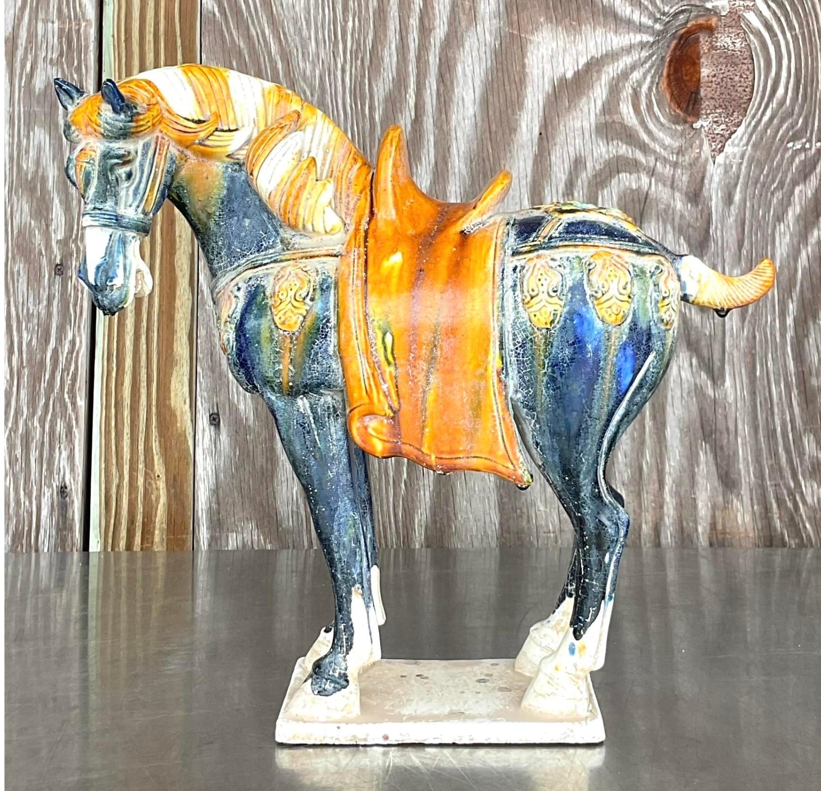 Vintage Asian Glazed Ceramic Tang Horse In Good Condition For Sale In west palm beach, FL