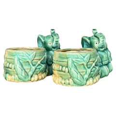 Vintage Asian Glazed Elephant Small Planters - A Pair