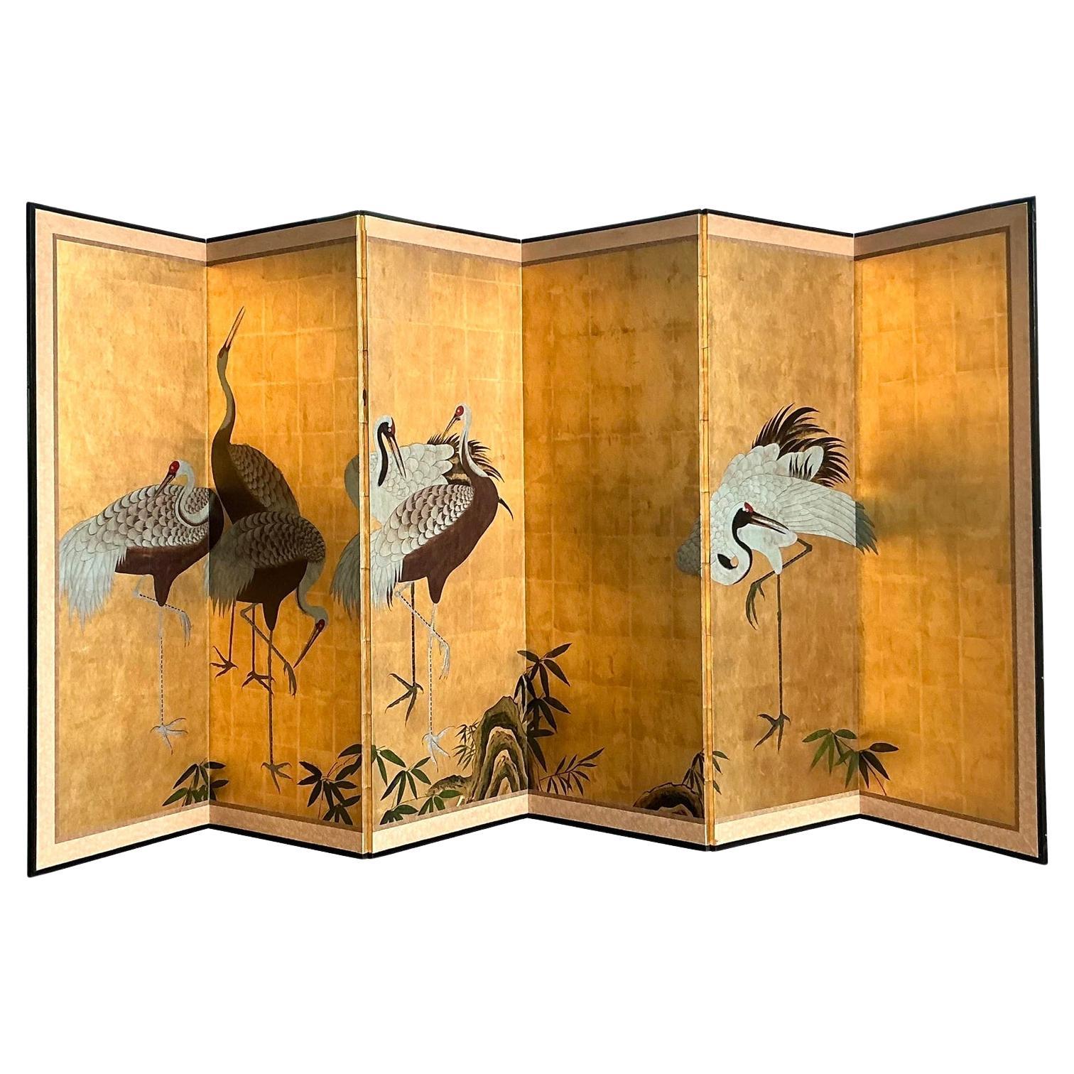Paravento asiatico d
epoca in foglia d
oro a gru Foldes