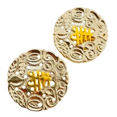 Vintage Asian gold silver huge clip on designer runway earrings