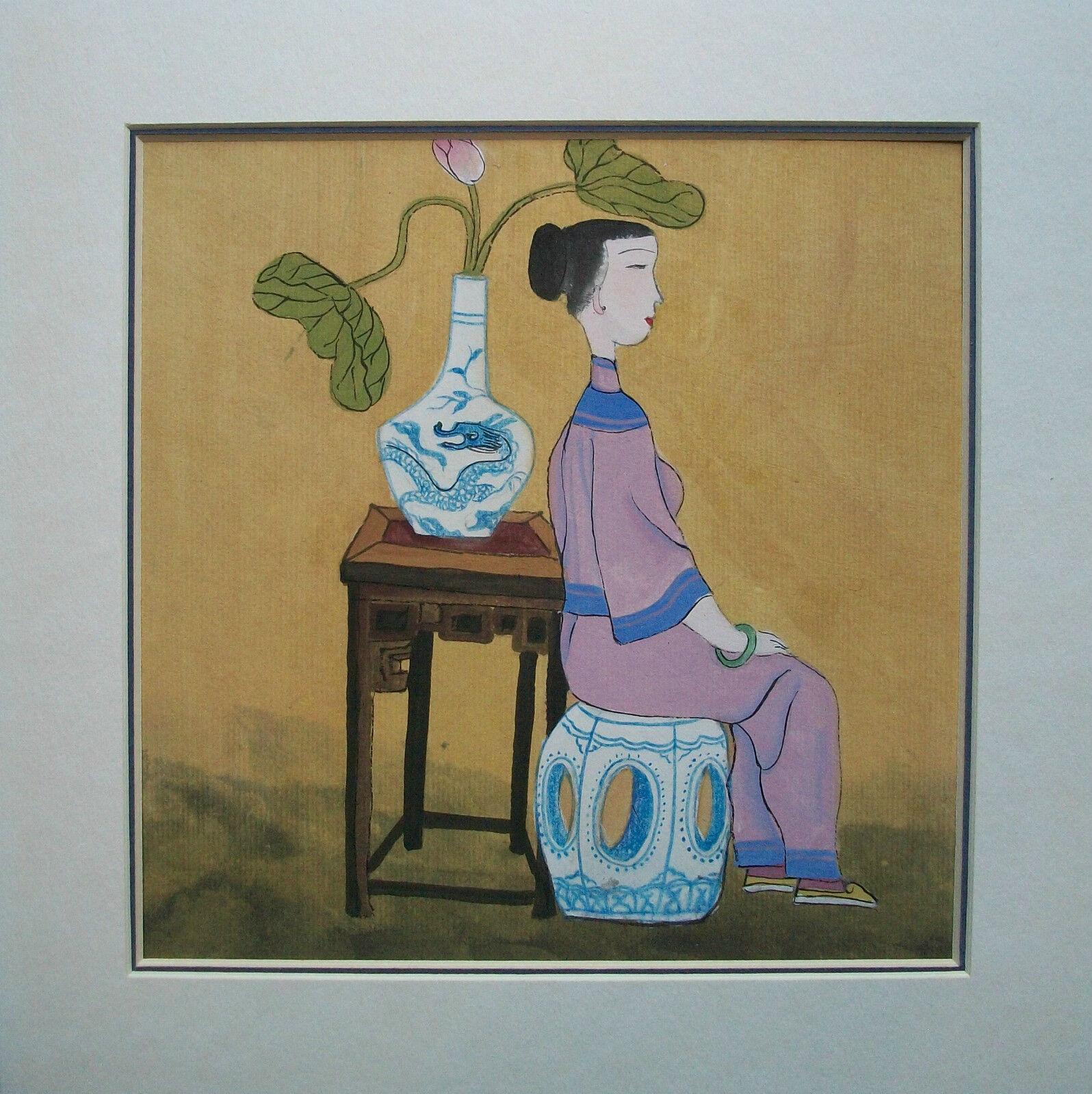 Vintage gouache painting on paper - good quality and composition - mounted with adhesive tape to a two color/double beveled matte board - unsigned - China - late 20th century.

Excellent vintage condition - no loss - no damage - no restoration -