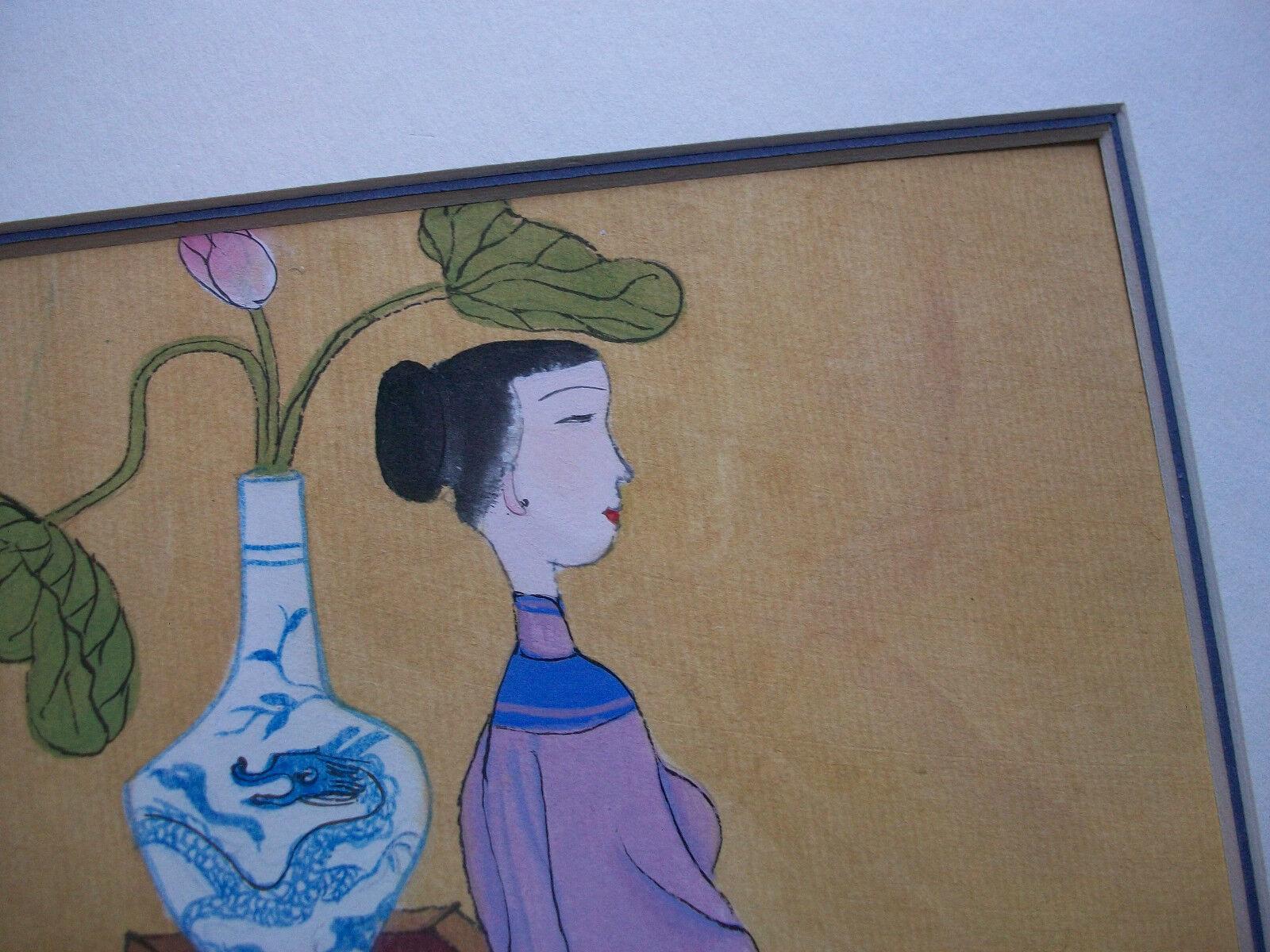 Asiatisches Gouache-Gemälde auf Papier, Vintage, unsigniert, China, spätes 20. Jahrhundert (Chinesischer Export) im Angebot