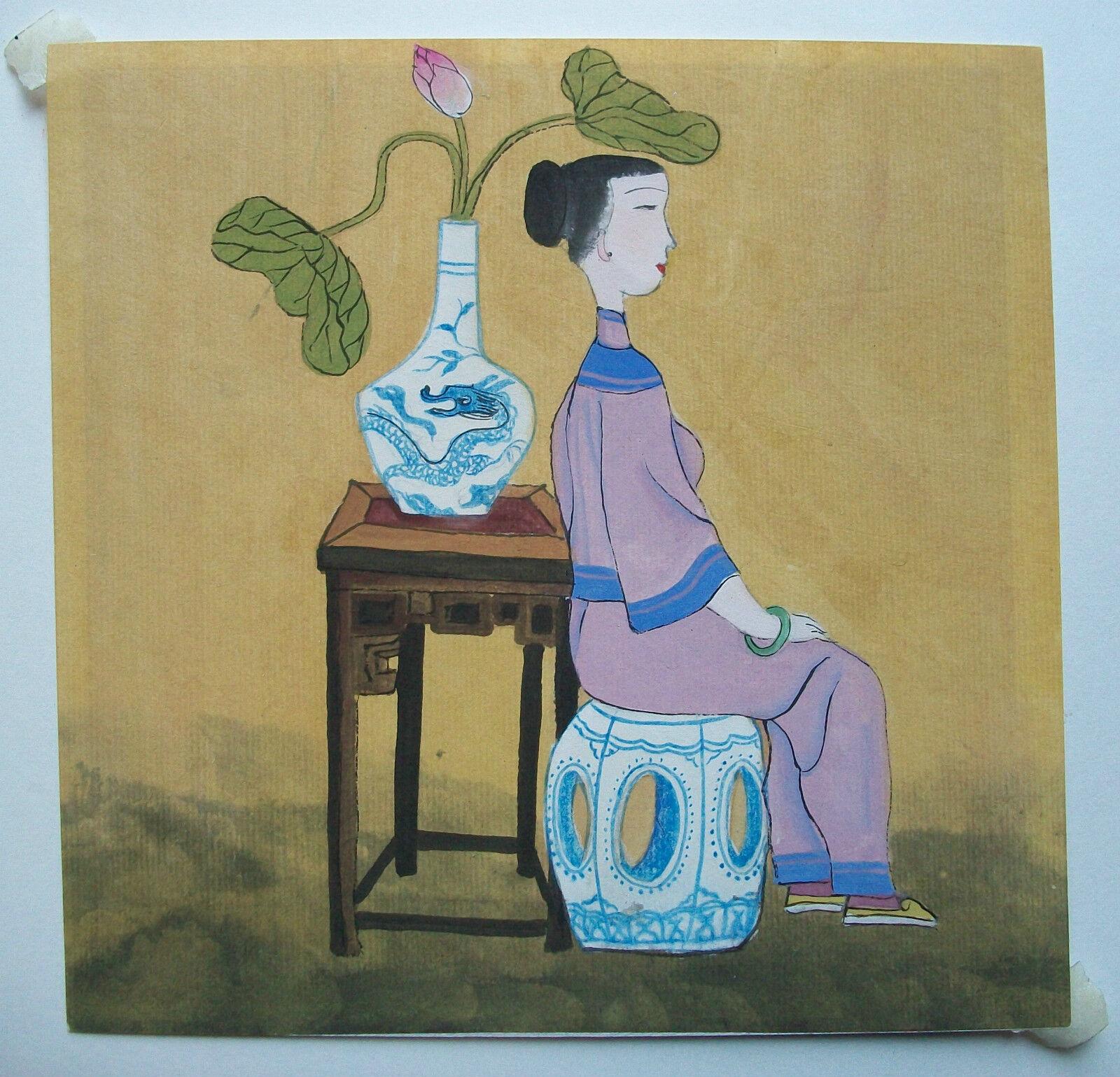 Asiatisches Gouache-Gemälde auf Papier, Vintage, unsigniert, China, spätes 20. Jahrhundert (Chinesisch) im Angebot