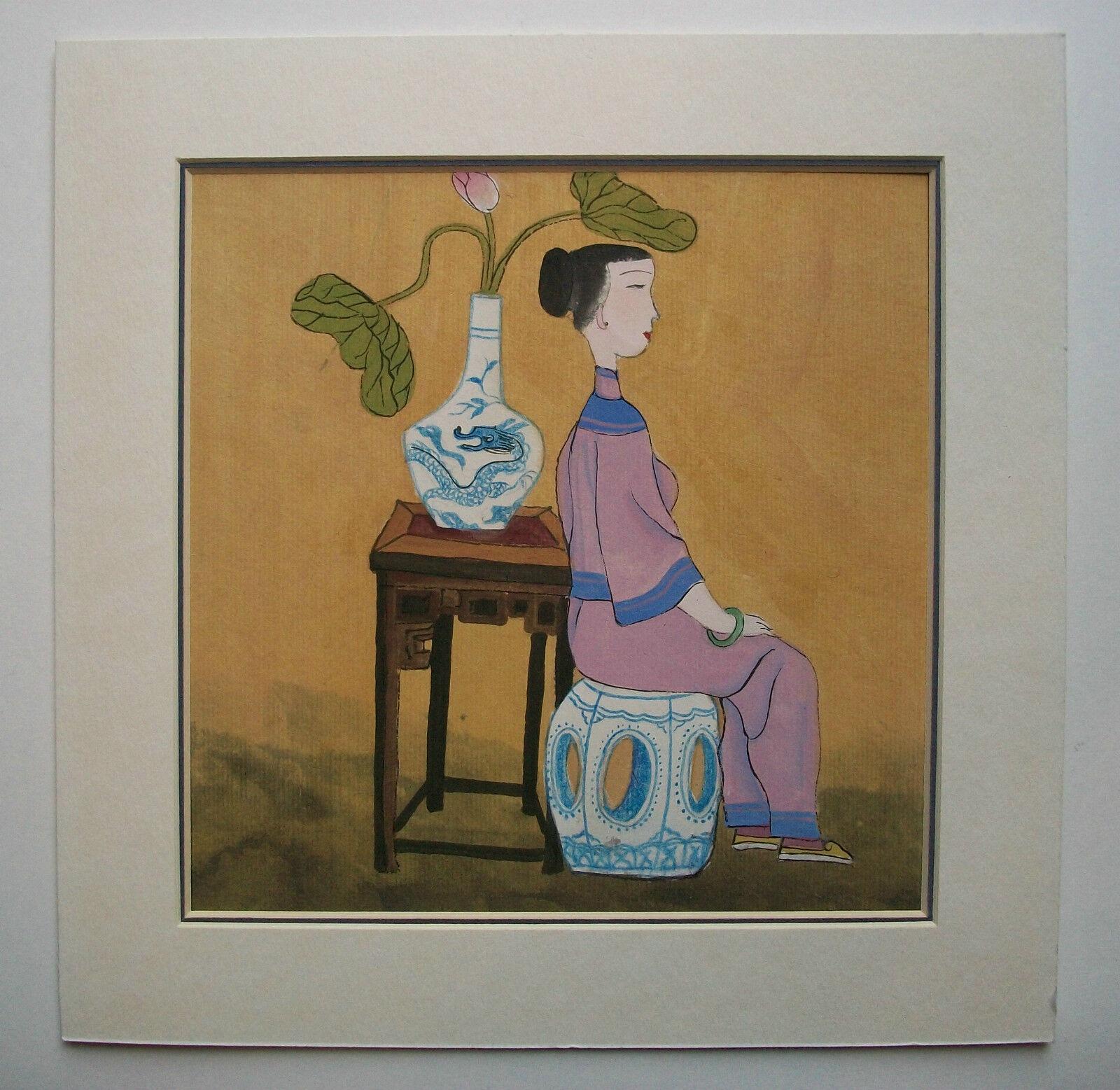 Asiatisches Gouache-Gemälde auf Papier, Vintage, unsigniert, China, spätes 20. Jahrhundert (Handbemalt) im Angebot