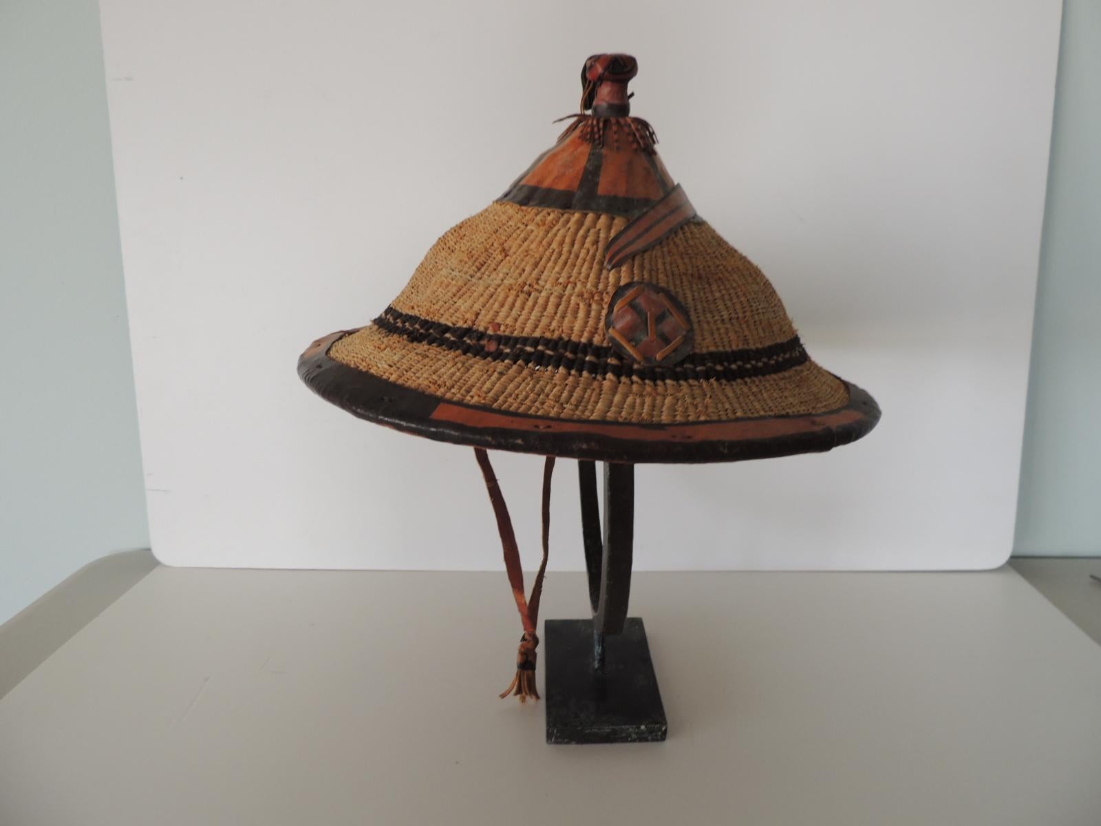 Vintage Asian Grass and Leather Hat In Good Condition In Oakland Park, FL