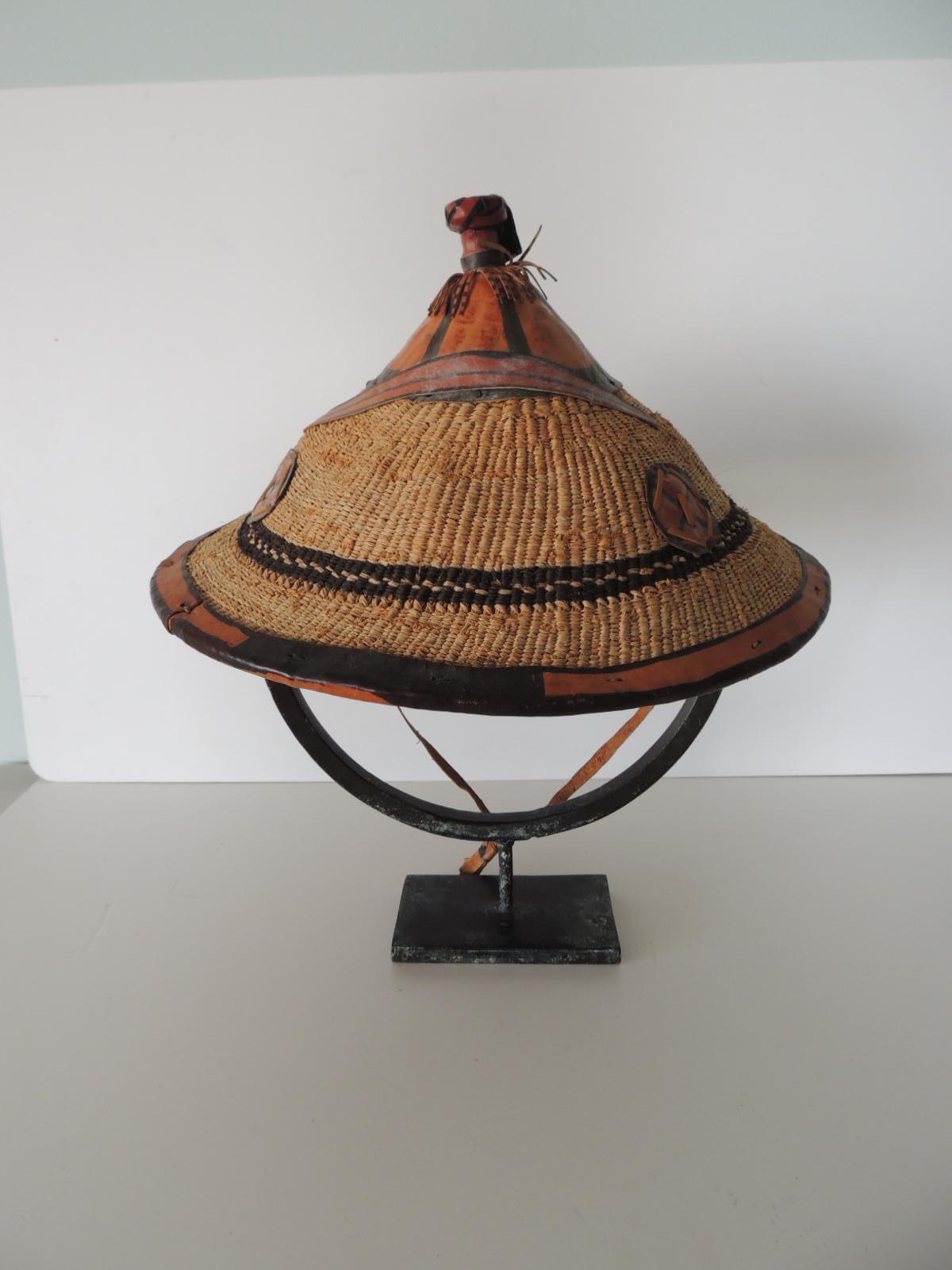 Late 20th Century Vintage Asian Grass and Leather Hat