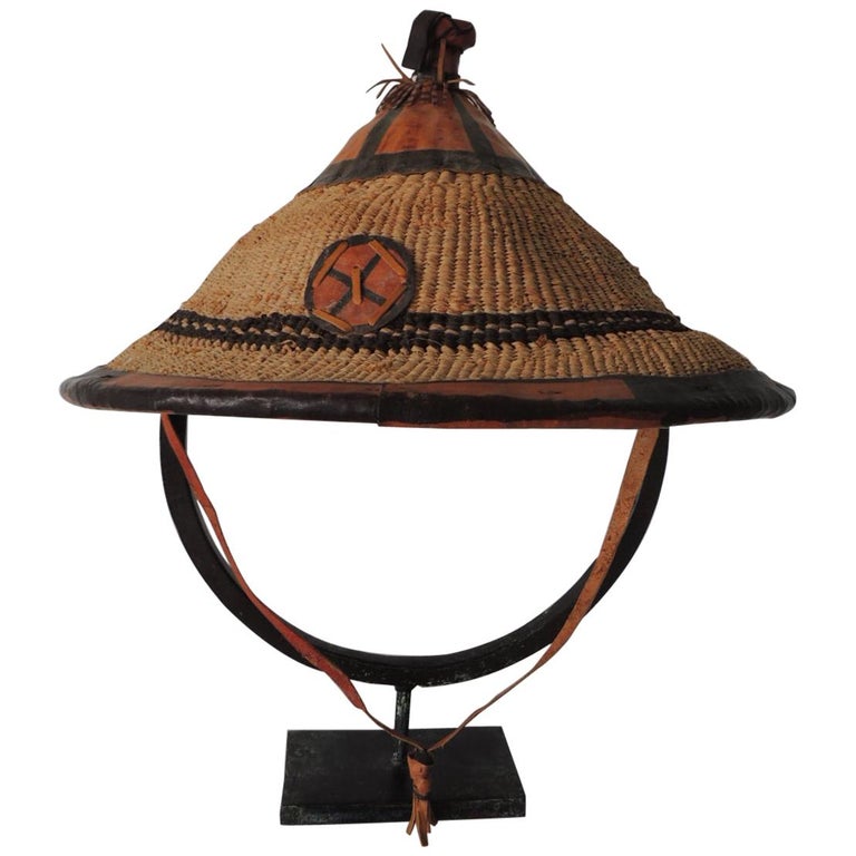 Vintage Asian Grass and Leather Hat at 1stDibs