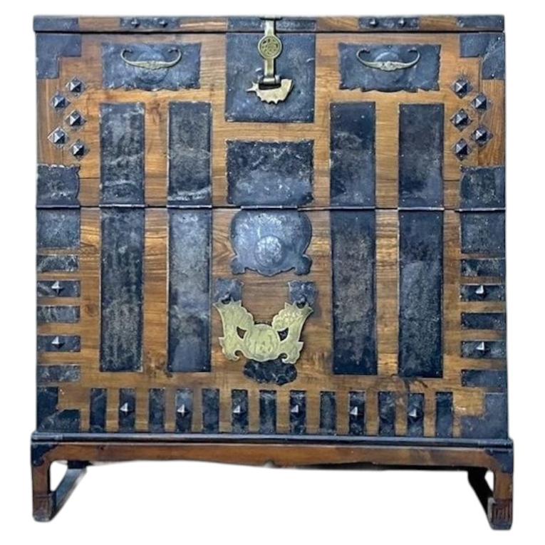 Vintage Asian Hammered Hardware Tansu Cabinet For Sale