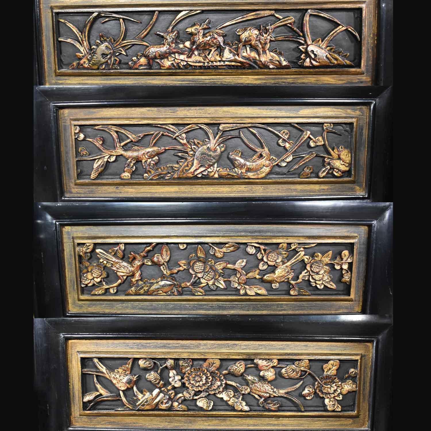 Asian Hand Carved 4-Panel Folding Screen or Room Divider Lacquered and Gilded 1