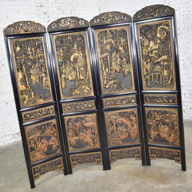 Asian Hand Carved 4Panel Folding Screen or Room Divider Lacquered and Gilded at 1stDibs