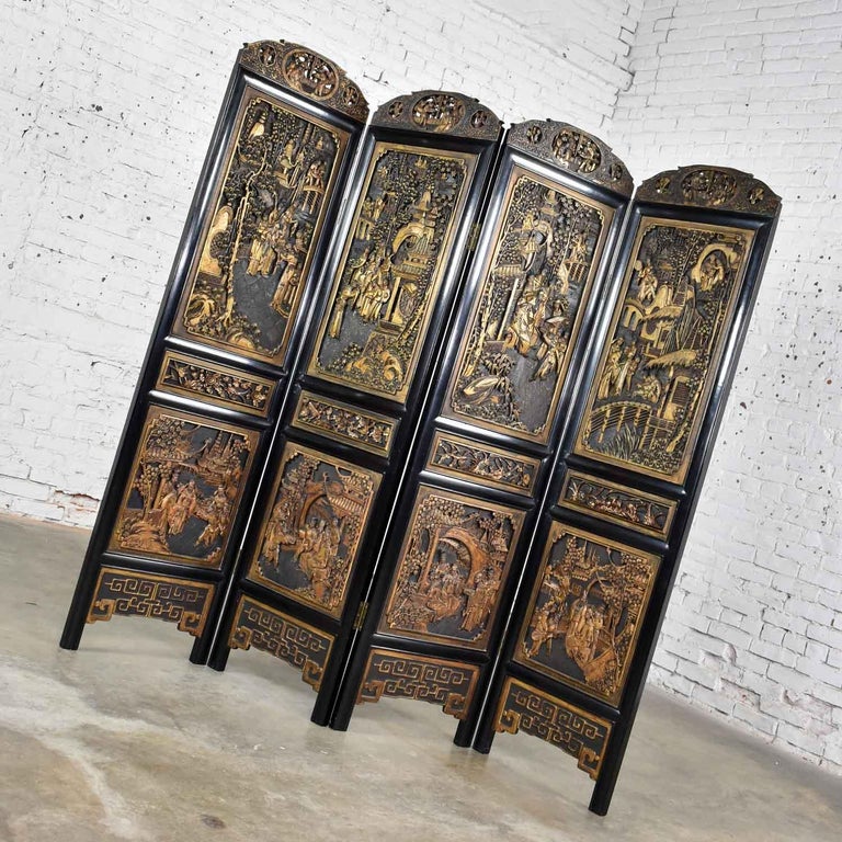 Asian Hand Carved 4Panel Folding Screen or Room Divider Lacquered and