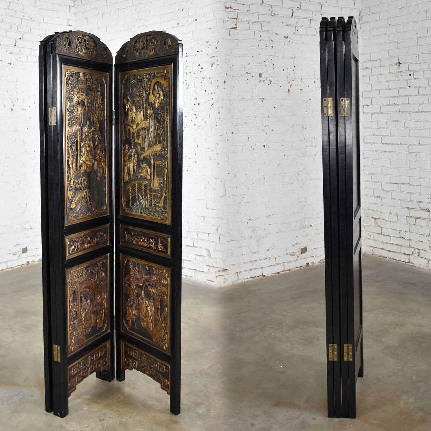 Chinese Export Asian Hand Carved 4-Panel Folding Screen or Room Divider Lacquered and Gilded