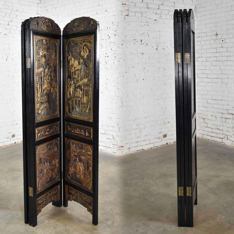 Asian Hand Carved 4Panel Folding Screen or Room Divider Lacquered and