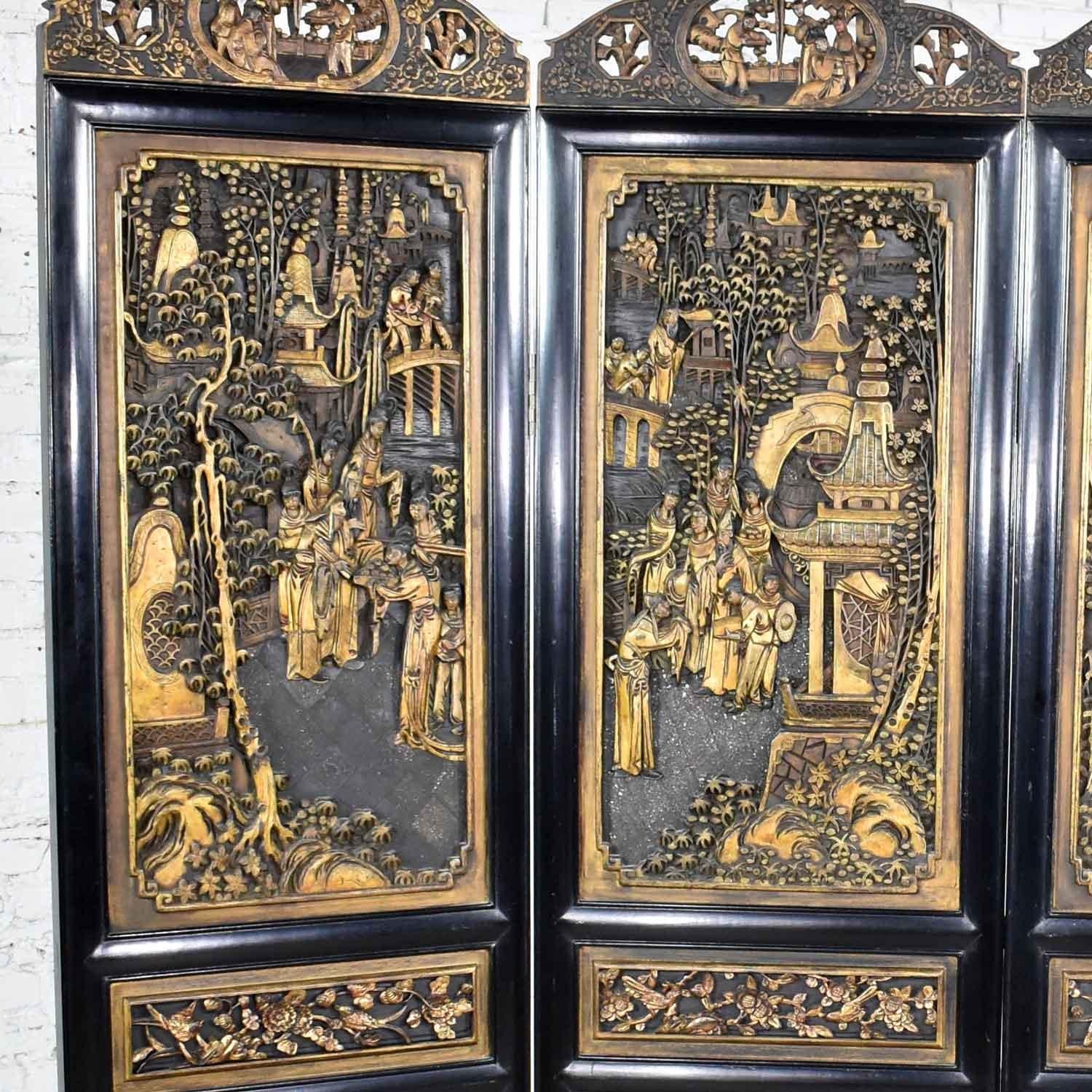 20th Century Asian Hand Carved 4-Panel Folding Screen or Room Divider Lacquered and Gilded