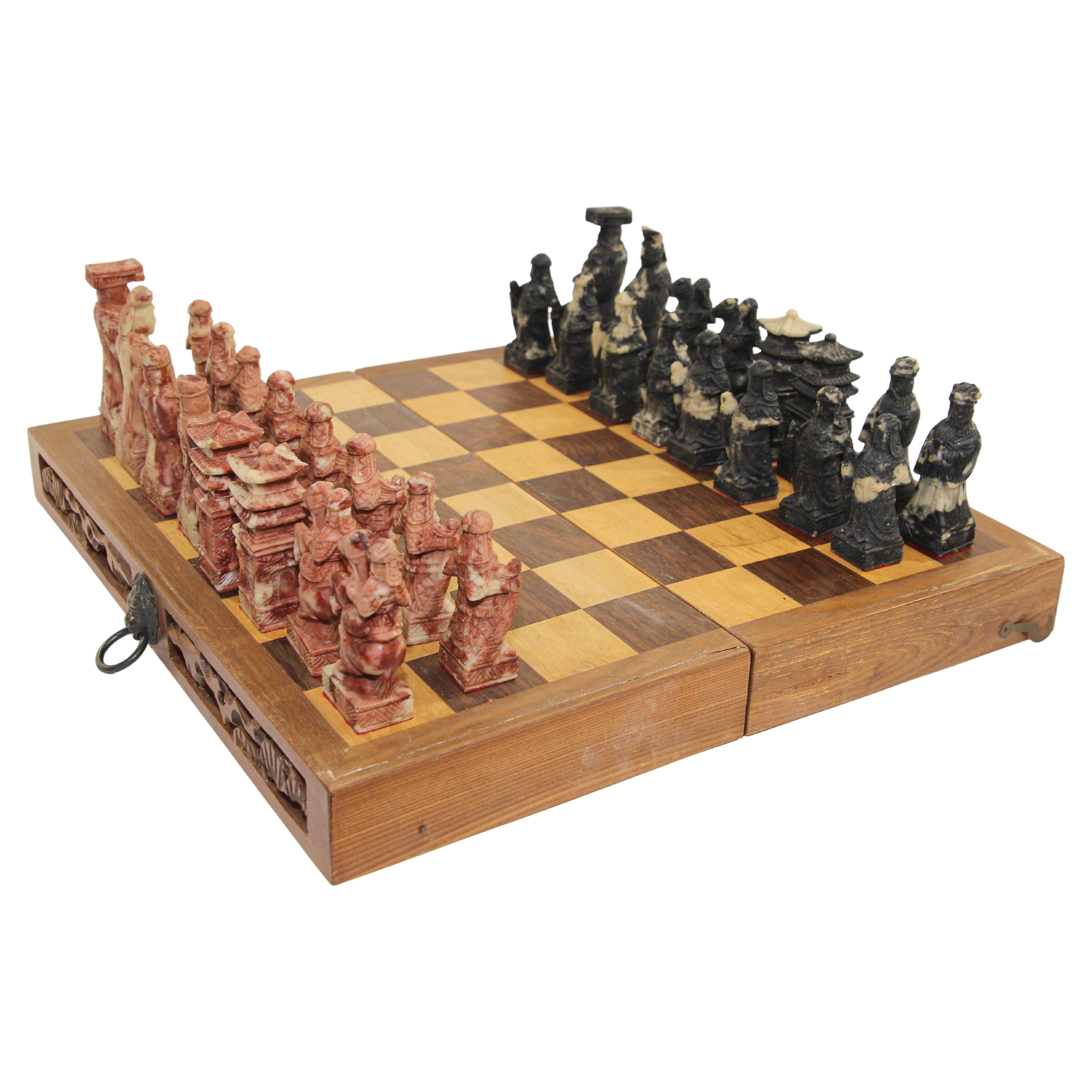 Vintage Asian Hand carved Chess Set in Box