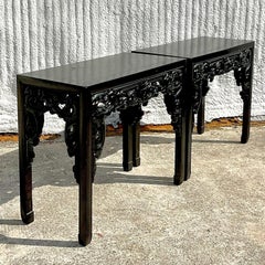 Vintage Asian Hand Carved Ebony Console Tables, a Pair