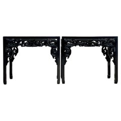 Vintage Asian Hand Carved Ebony Console Tables, a Pair