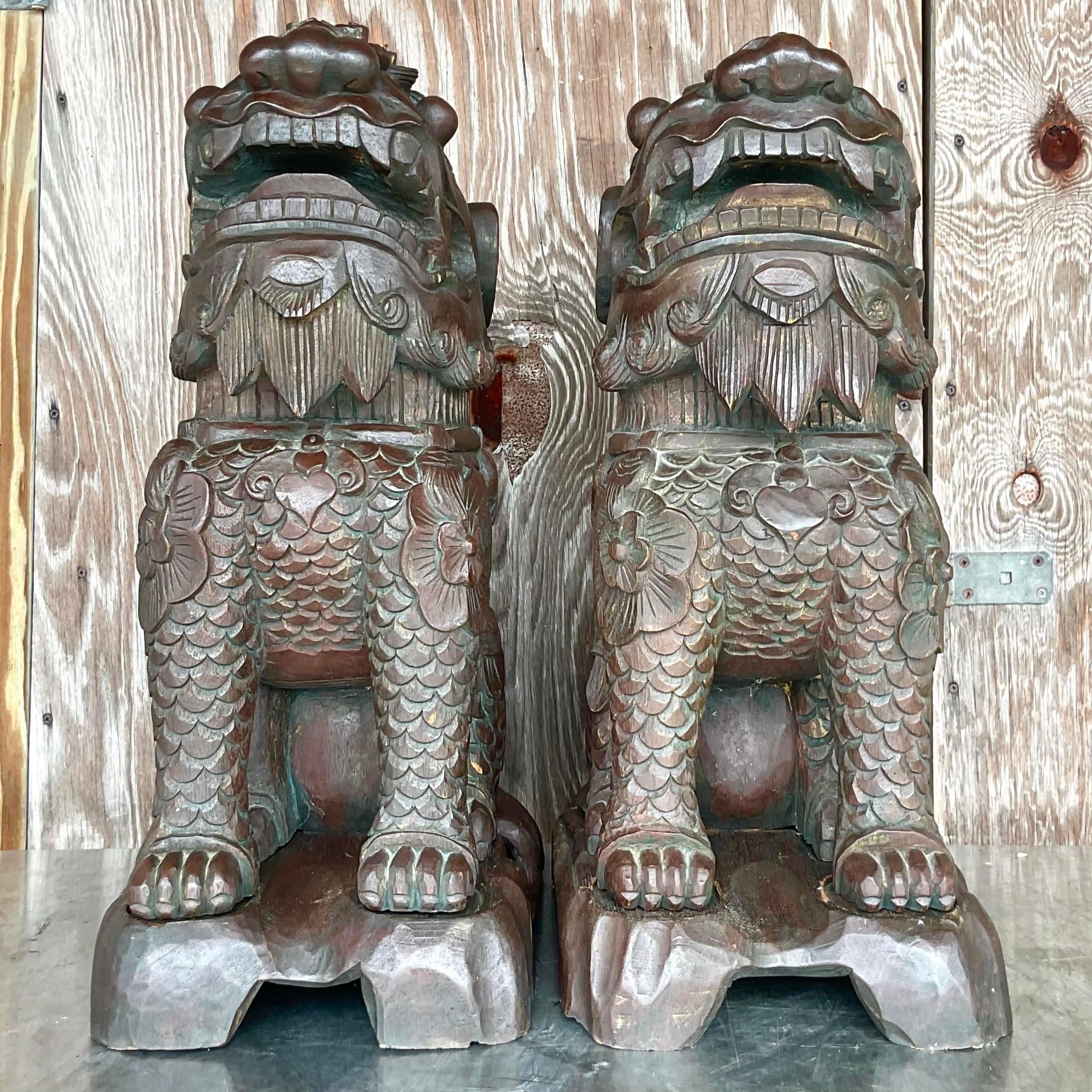 Chinese Vintage Asian Hand Carved Foo Dogs - a Pair For Sale
