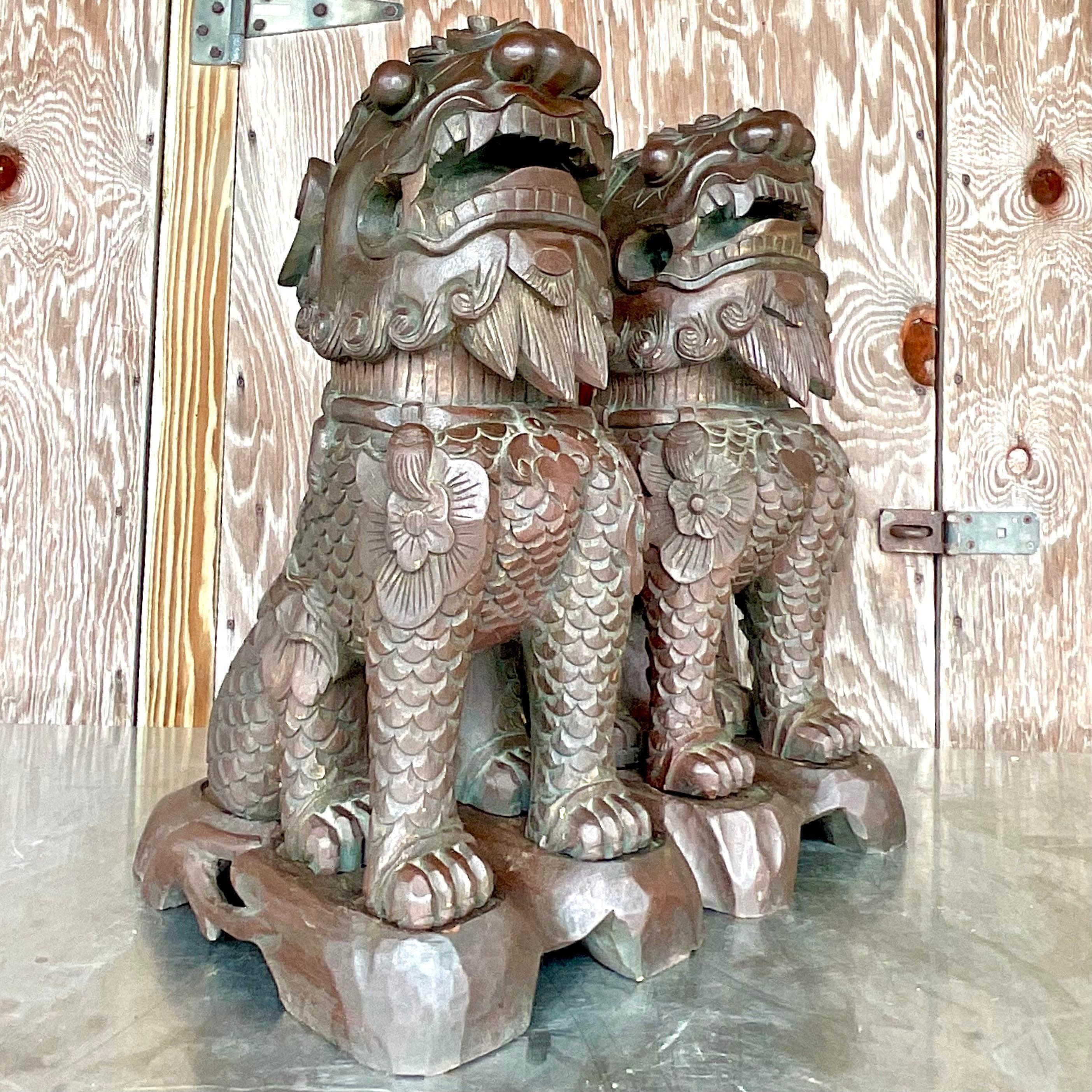 Vintage Asian Hand Carved Foo Dogs - a Pair In Good Condition For Sale In west palm beach, FL
