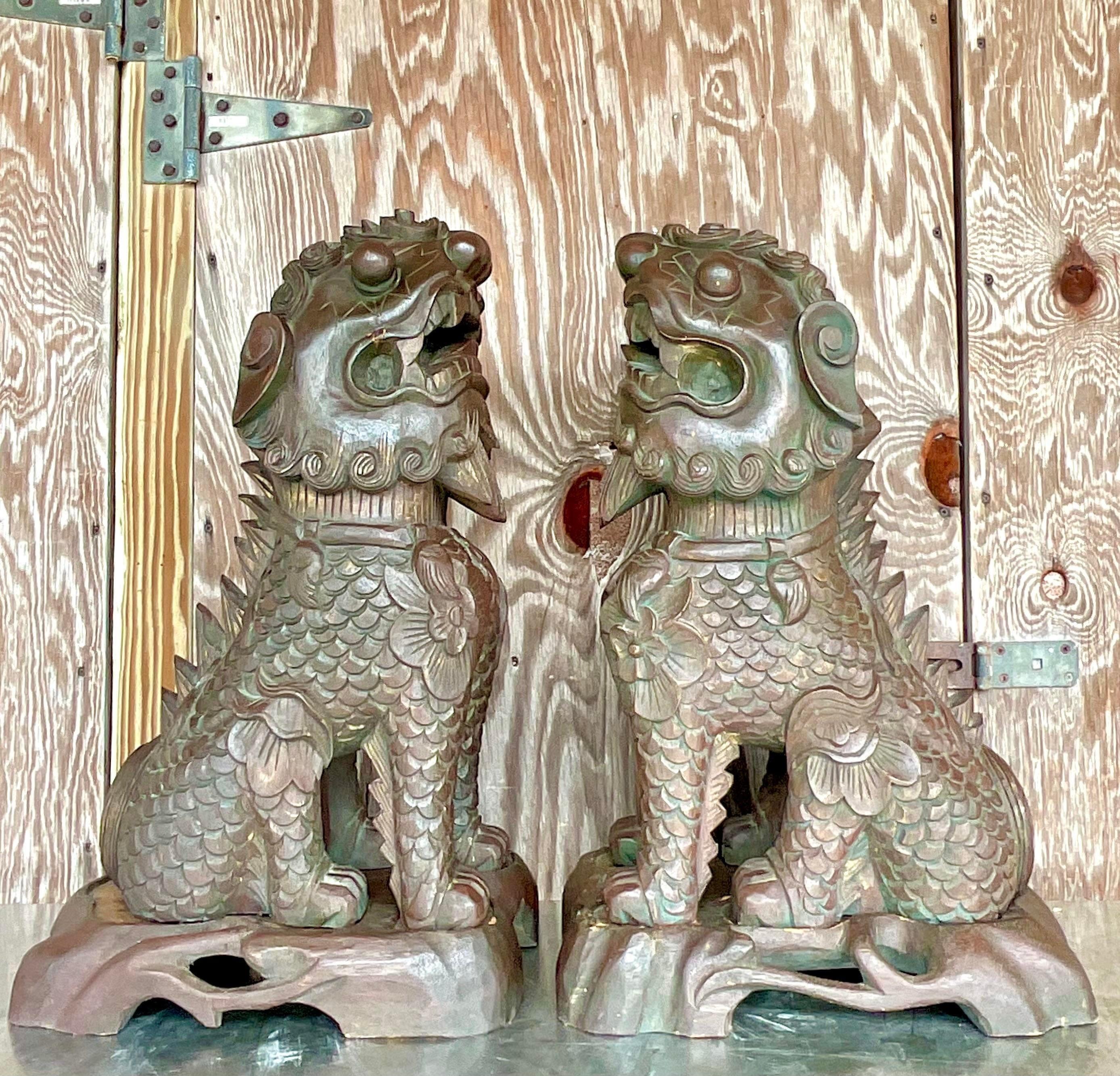 20th Century Vintage Asian Hand Carved Foo Dogs - a Pair For Sale
