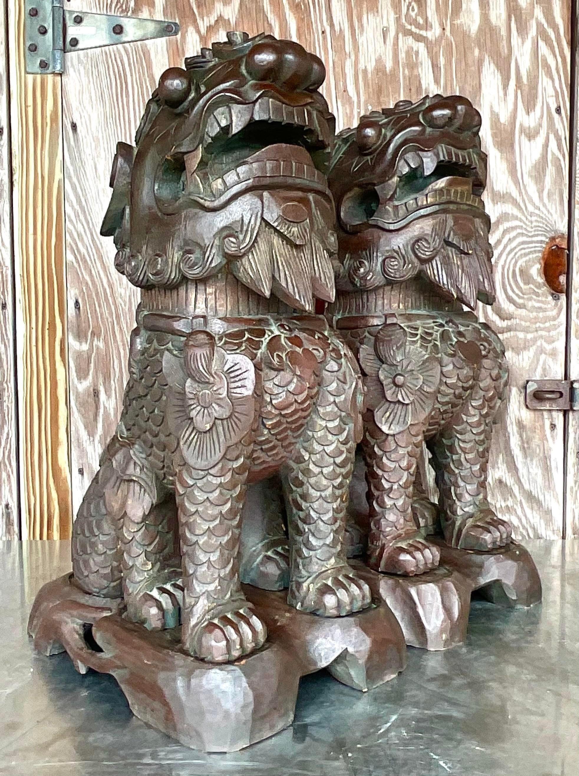 Wood Vintage Asian Hand Carved Foo Dogs - a Pair For Sale