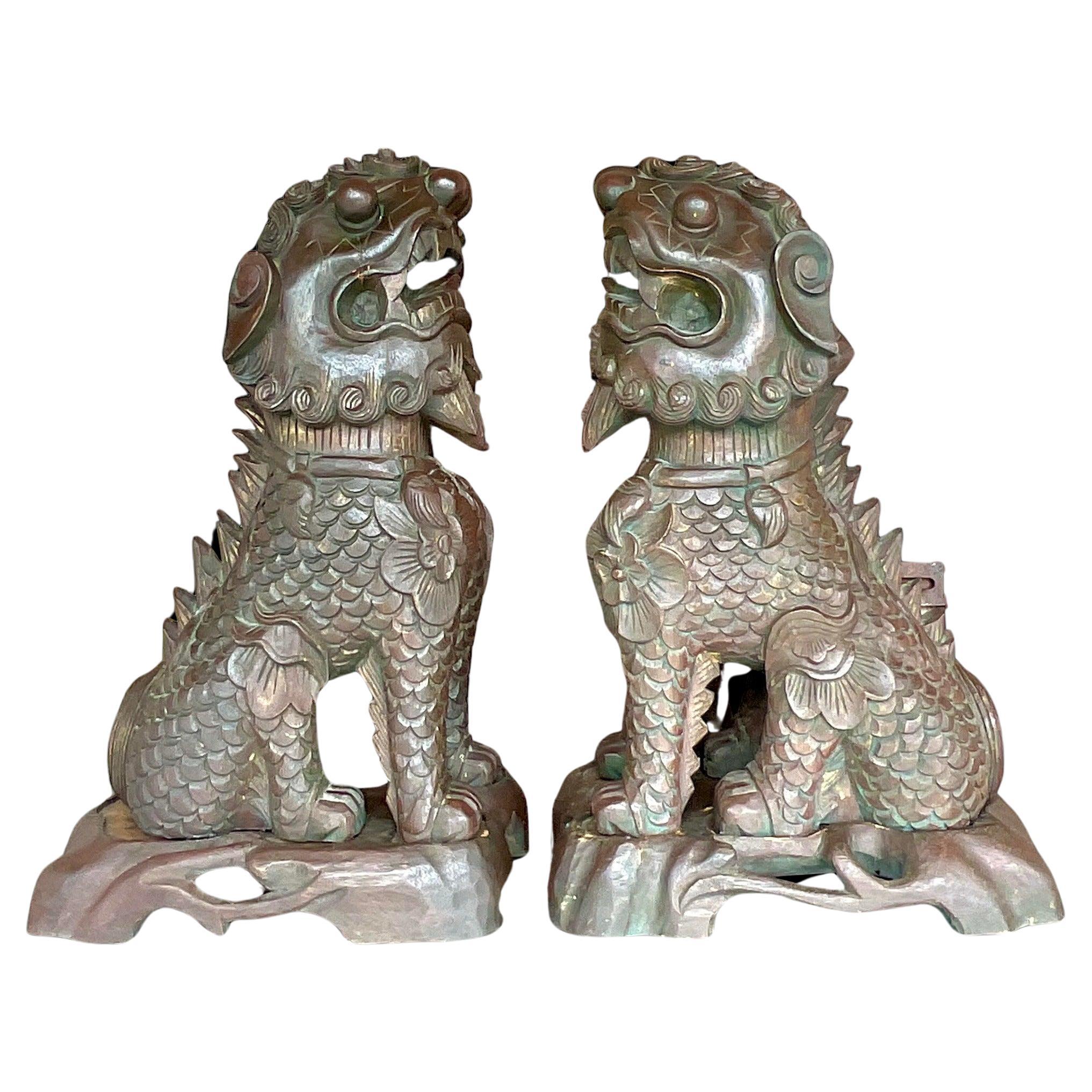 Vintage Asian Hand Carved Foo Dogs - a Pair For Sale