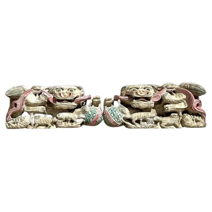 Vintage Asian Hand Carved Foo Dogs - a Pair