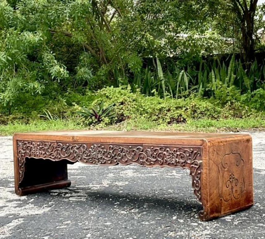 Chinese Vintage Asian Hand Carved Low Altar Console Table For Sale