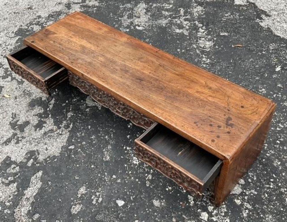 Wood Vintage Asian Hand Carved Low Altar Console Table For Sale