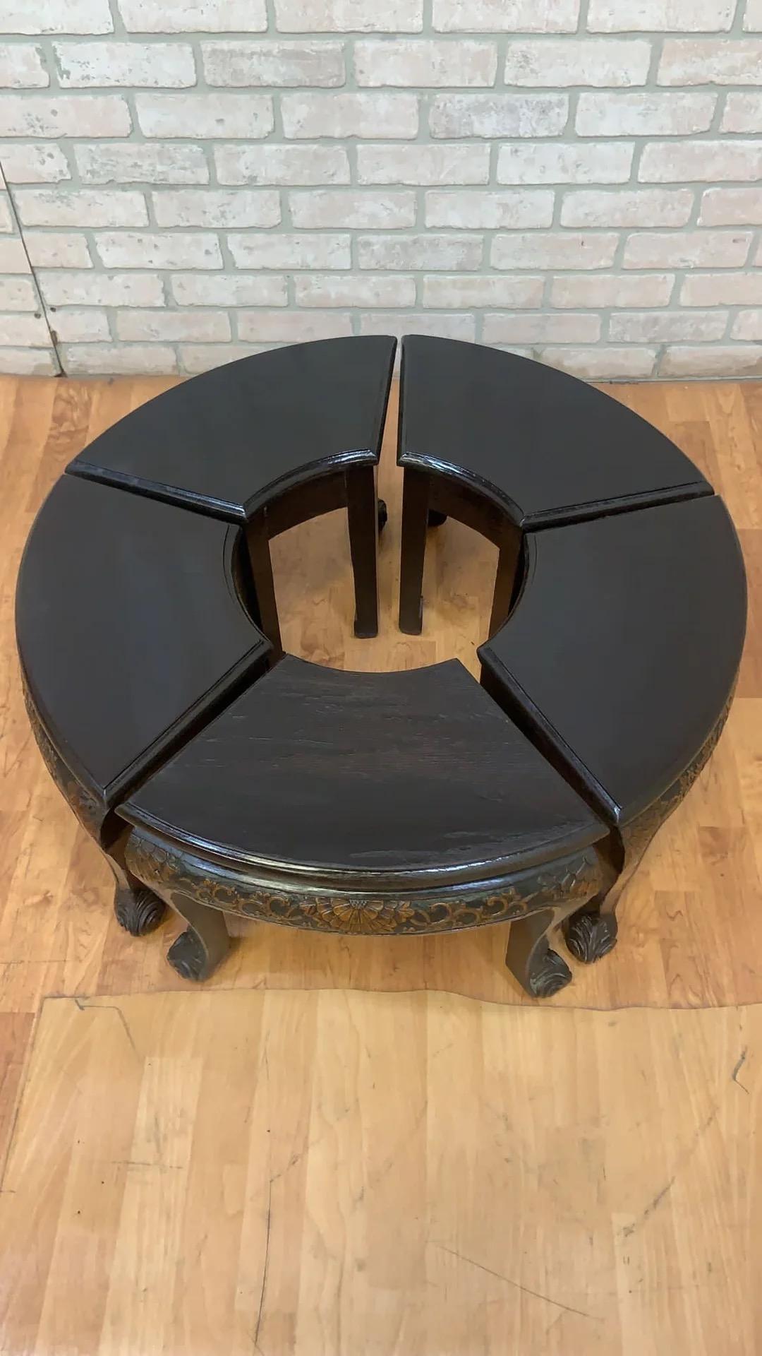 20th Century Vintage Asian Modern Style Carved Ornate Tea/Coffee Table With 5 Nesting Stools For Sale