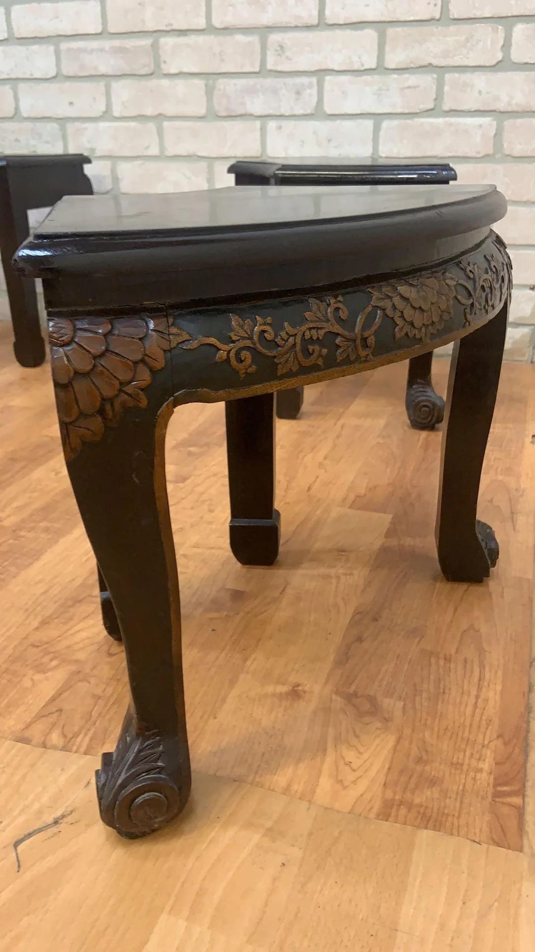 Wood Vintage Asian Modern Style Carved Ornate Tea/Coffee Table With 5 Nesting Stools For Sale