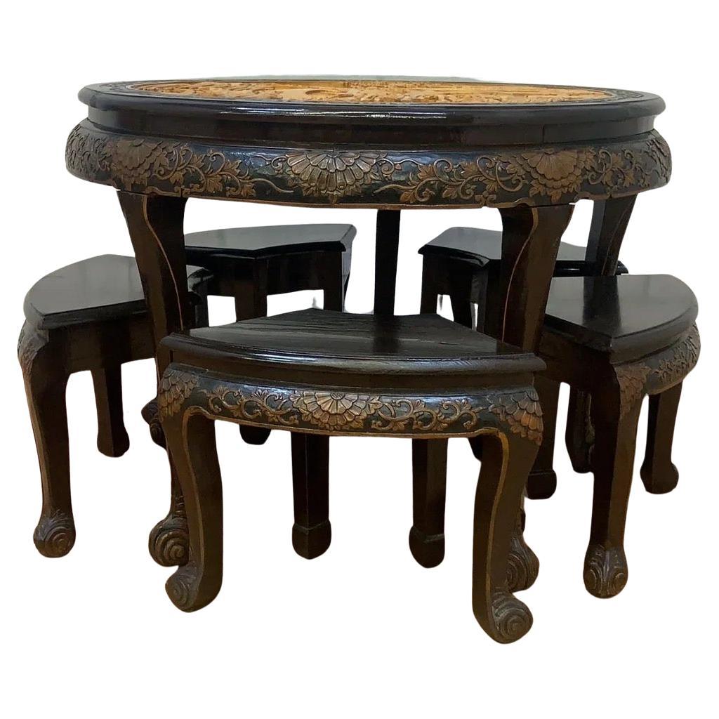 Vintage Asian Hand Carved Ornate Tea/Coffee Table With 6 Nesting Stools